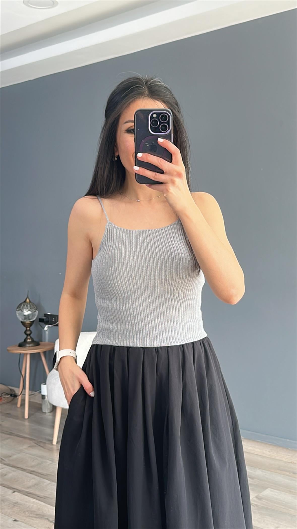 Gri İp Akılı Simli Fitilli Crop