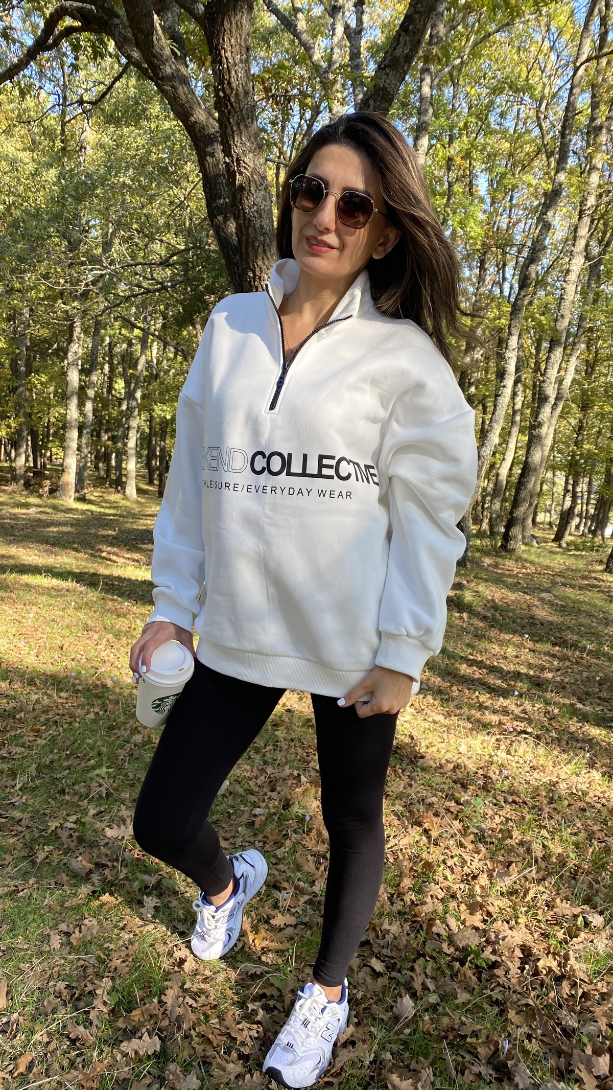 Ekru Dik Yaka Fermuarlı Wekend Baskılı Sweatshirt