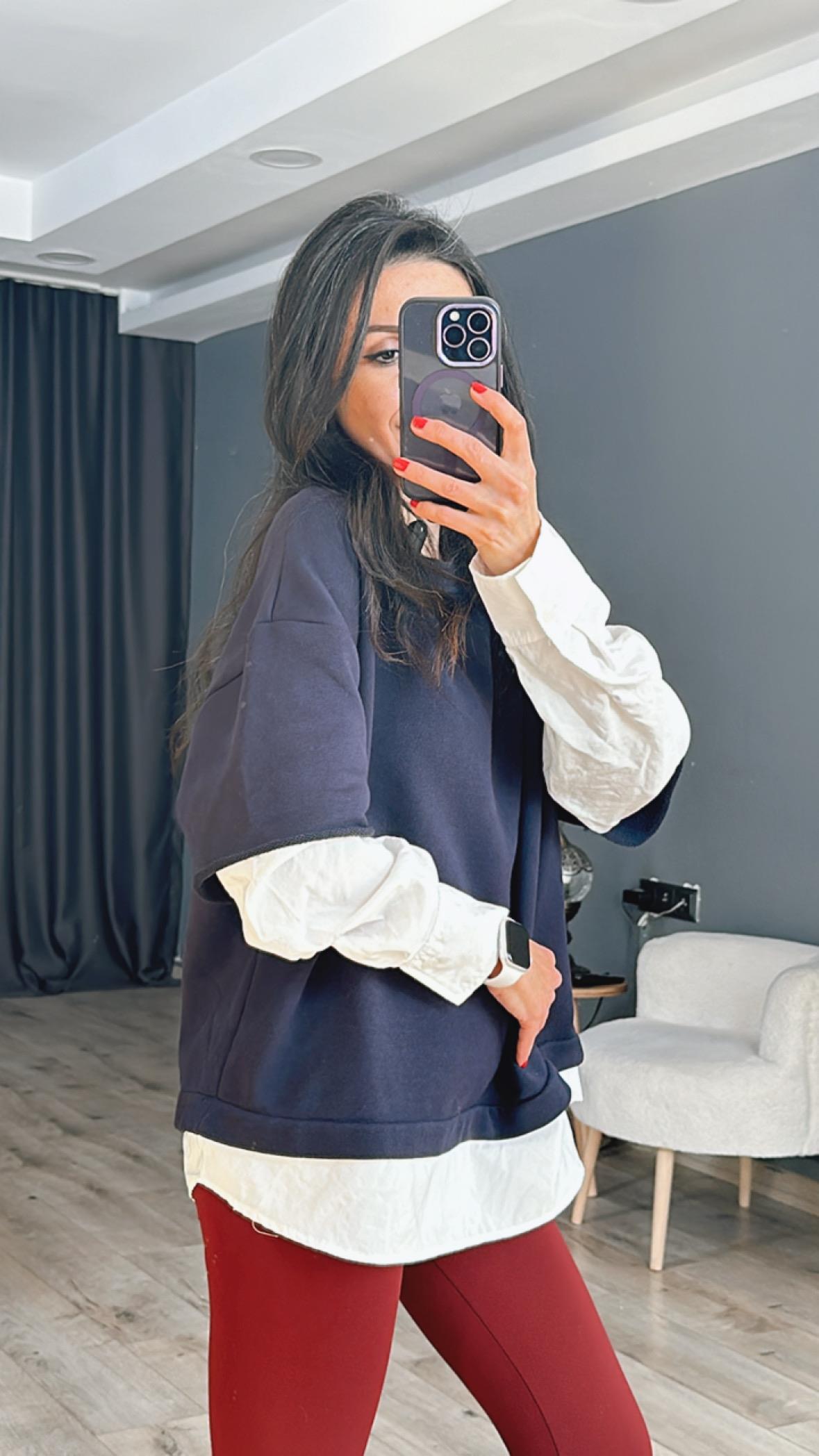 Lacivert Gömlek Detaylı Üç İplik Sweatshirt
