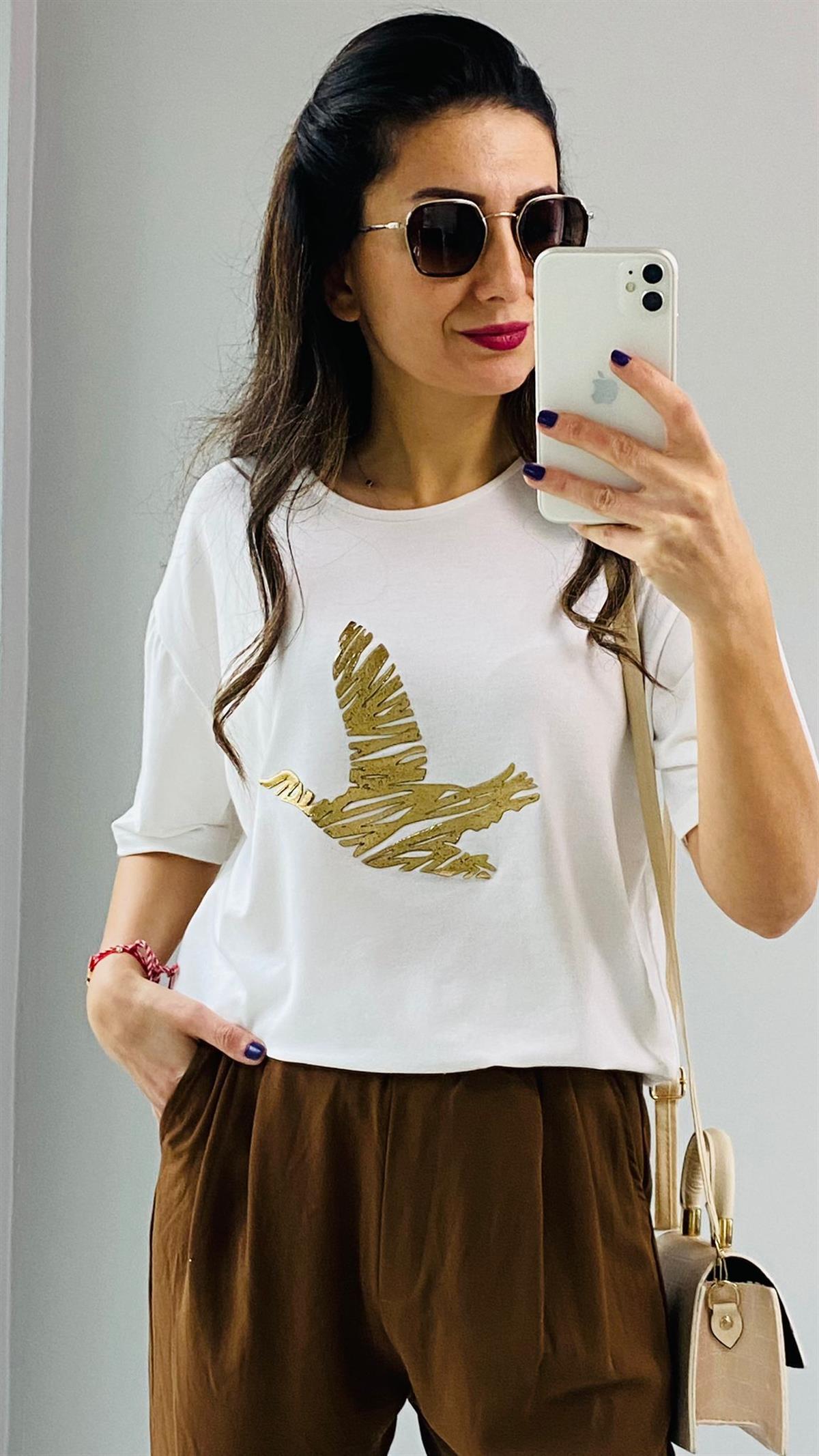 Ekru Gold Kuş Detaylı T-shirt