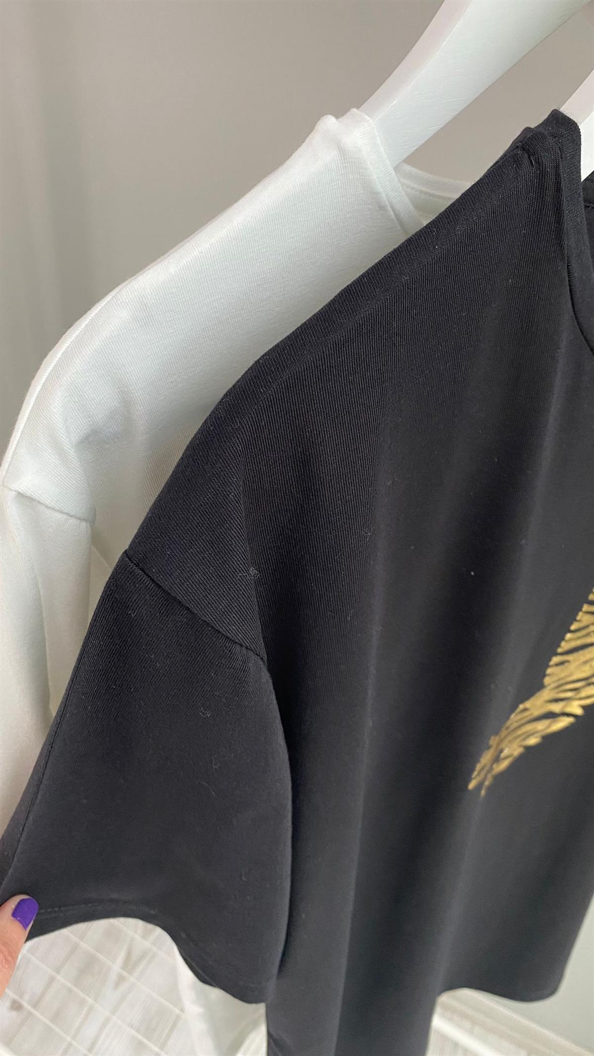 Siyah Gold Kuş Detaylı T-shirt