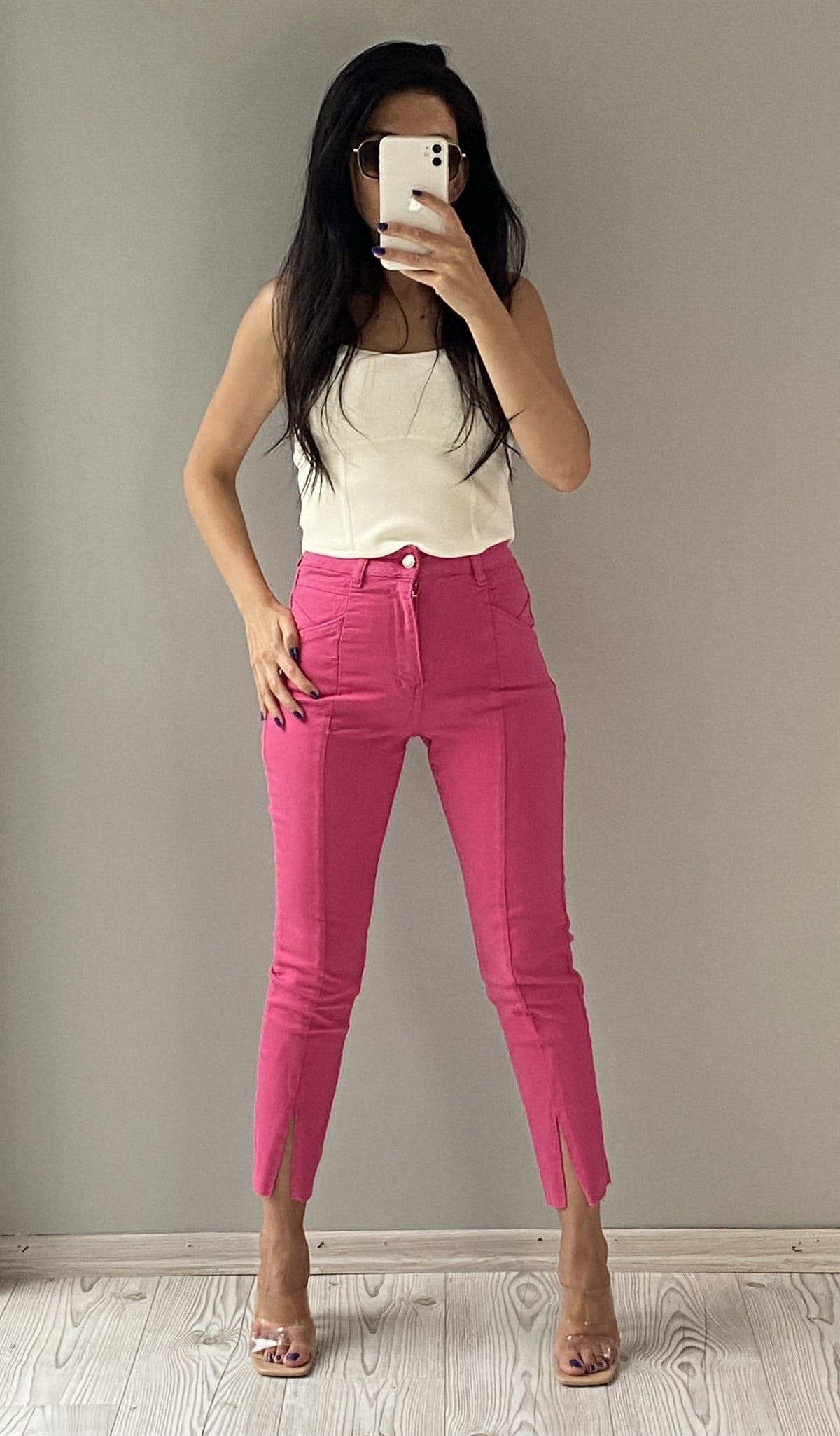 Fuşya Gabardin Yırtmaçlı Pantolon