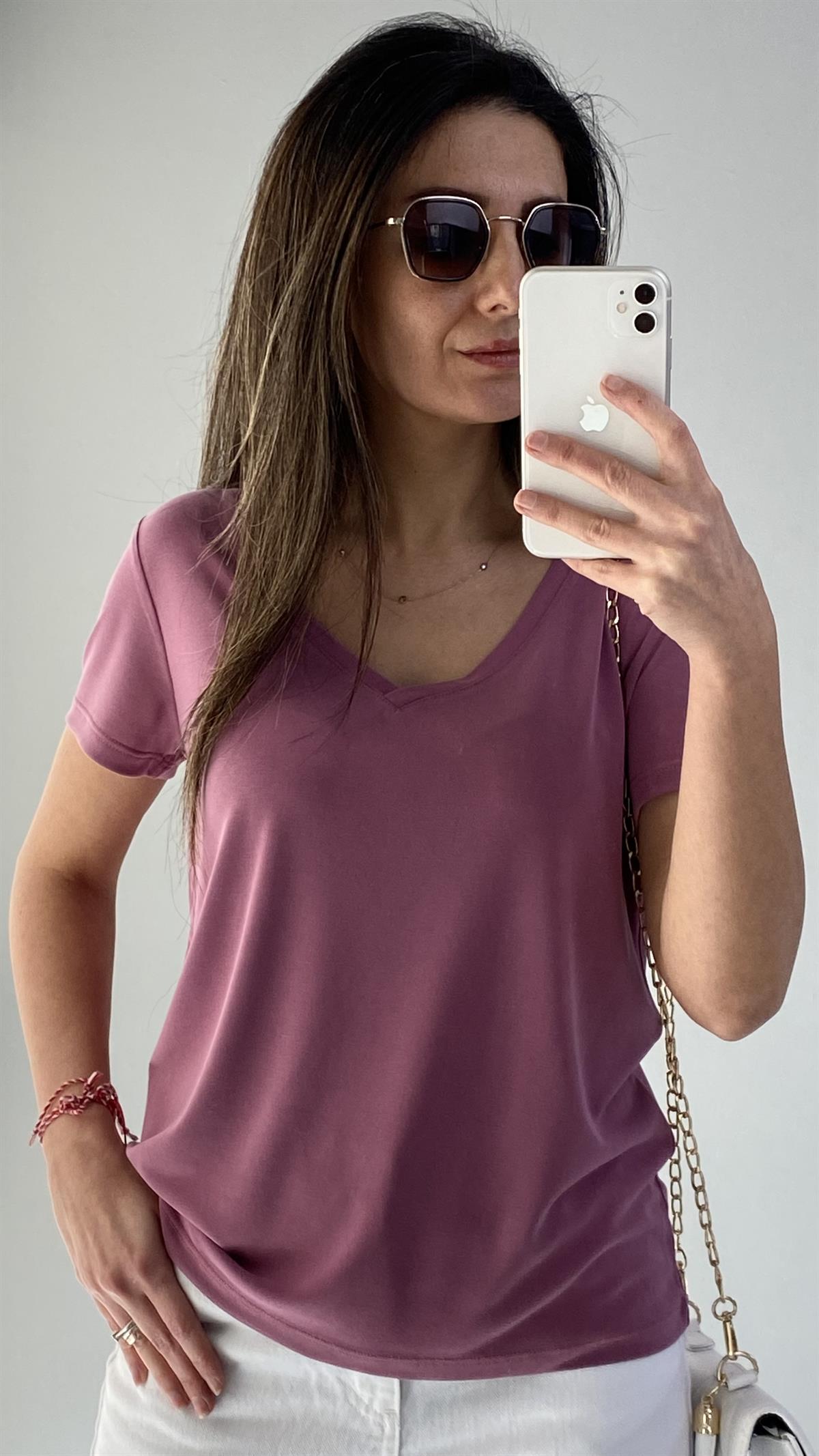 Gül Kurusu V Yaka Modal Kumaş T-Shirt