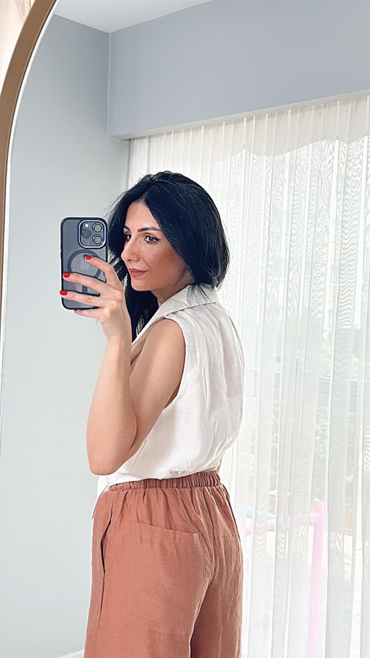 Kiremit Beli Lastikli İp bağlamalı Keten Pantolon
