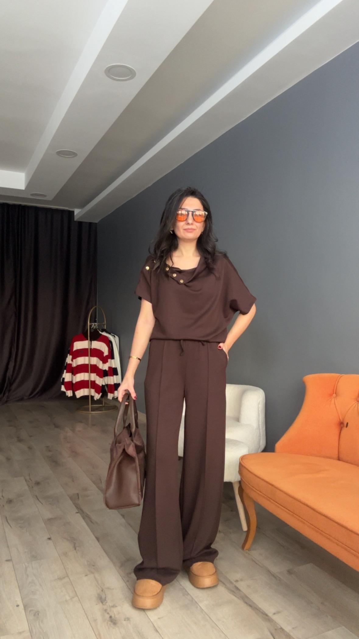 Kahve Omuz Düğmeli Modal Takım