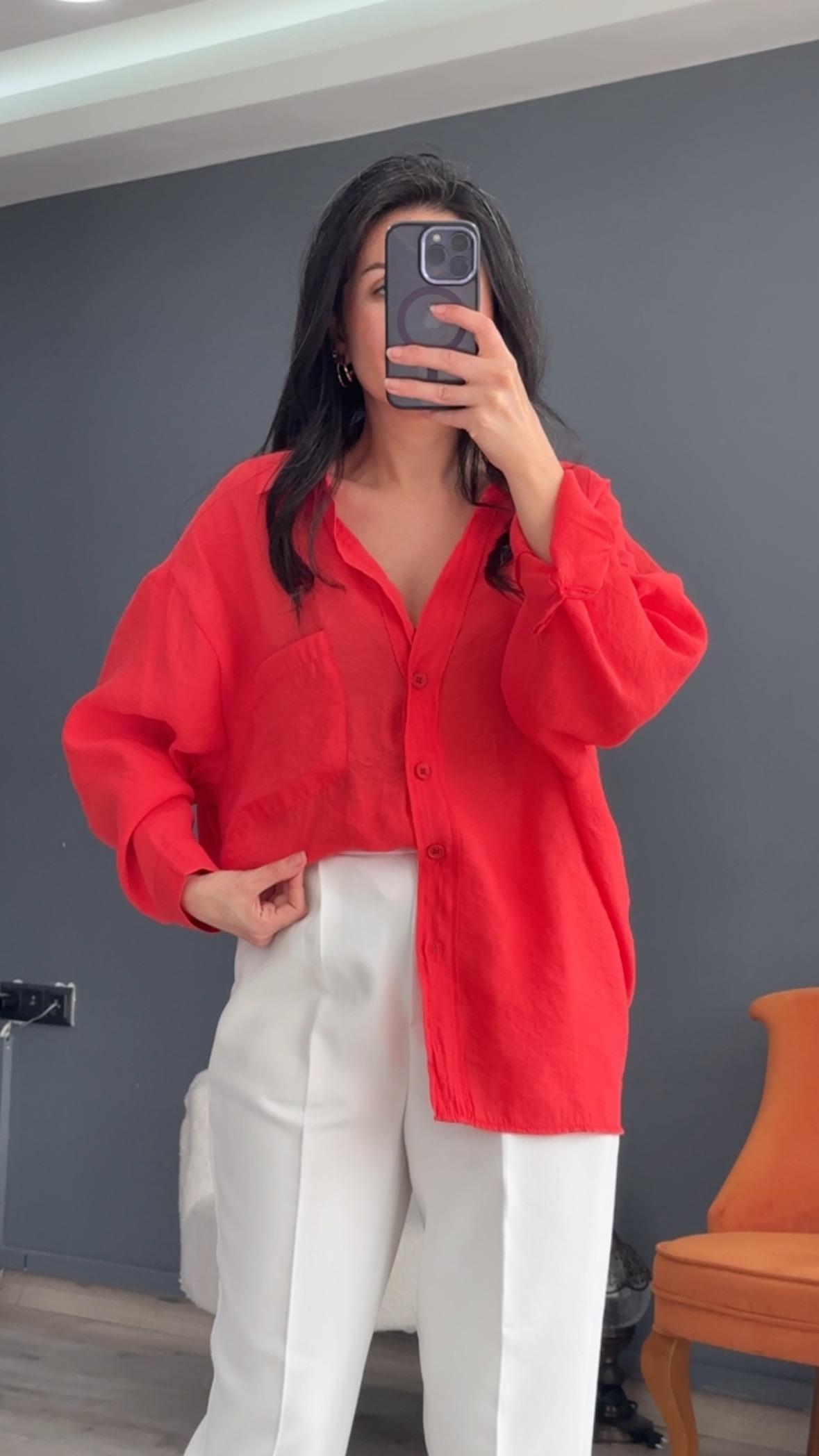 Nar Çiçeği Düşük Omuz Oversize Gömlek
