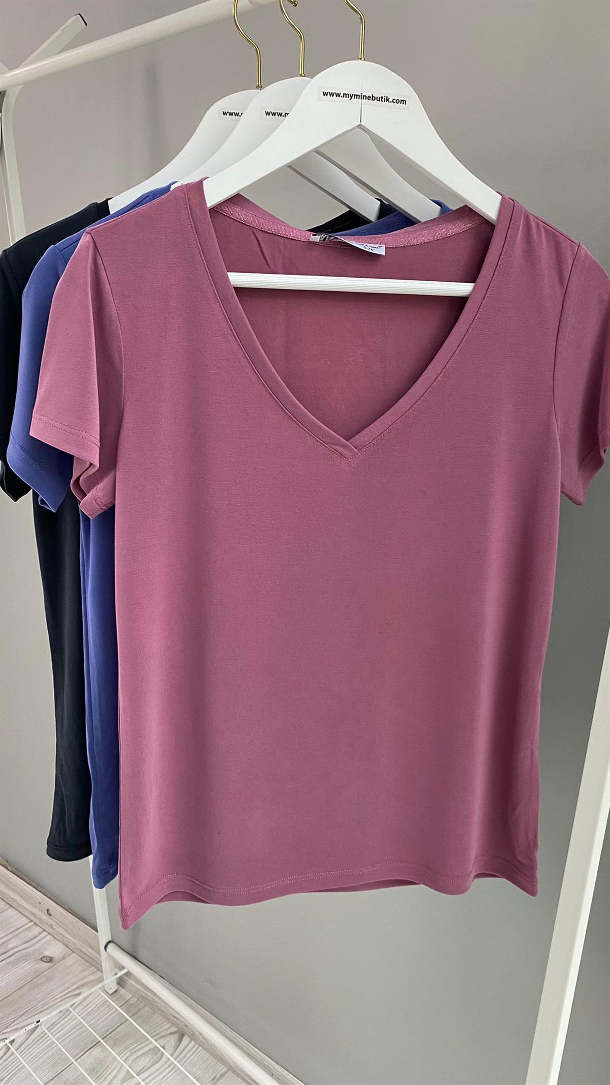 Gül Kurusu V Yaka Modal Kumaş T-Shirt