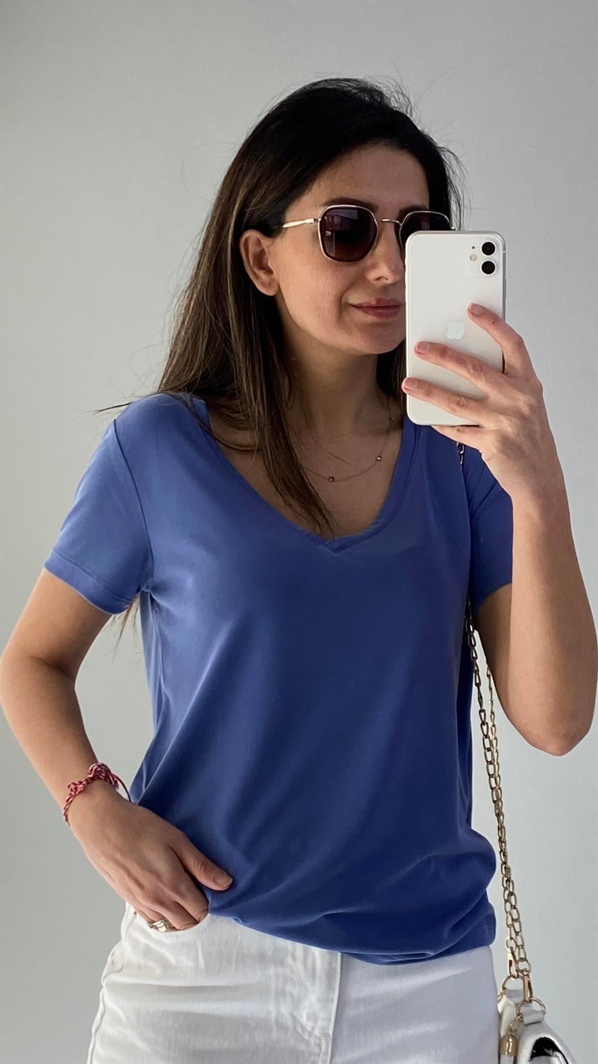 İndigo Mavi V Yaka Modal Kumaş T-Shirt
