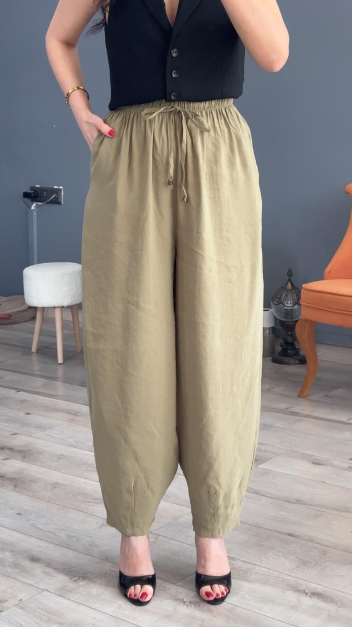 Haki Beli Lastikli Modal Şalvar Görünümlü Pantolon