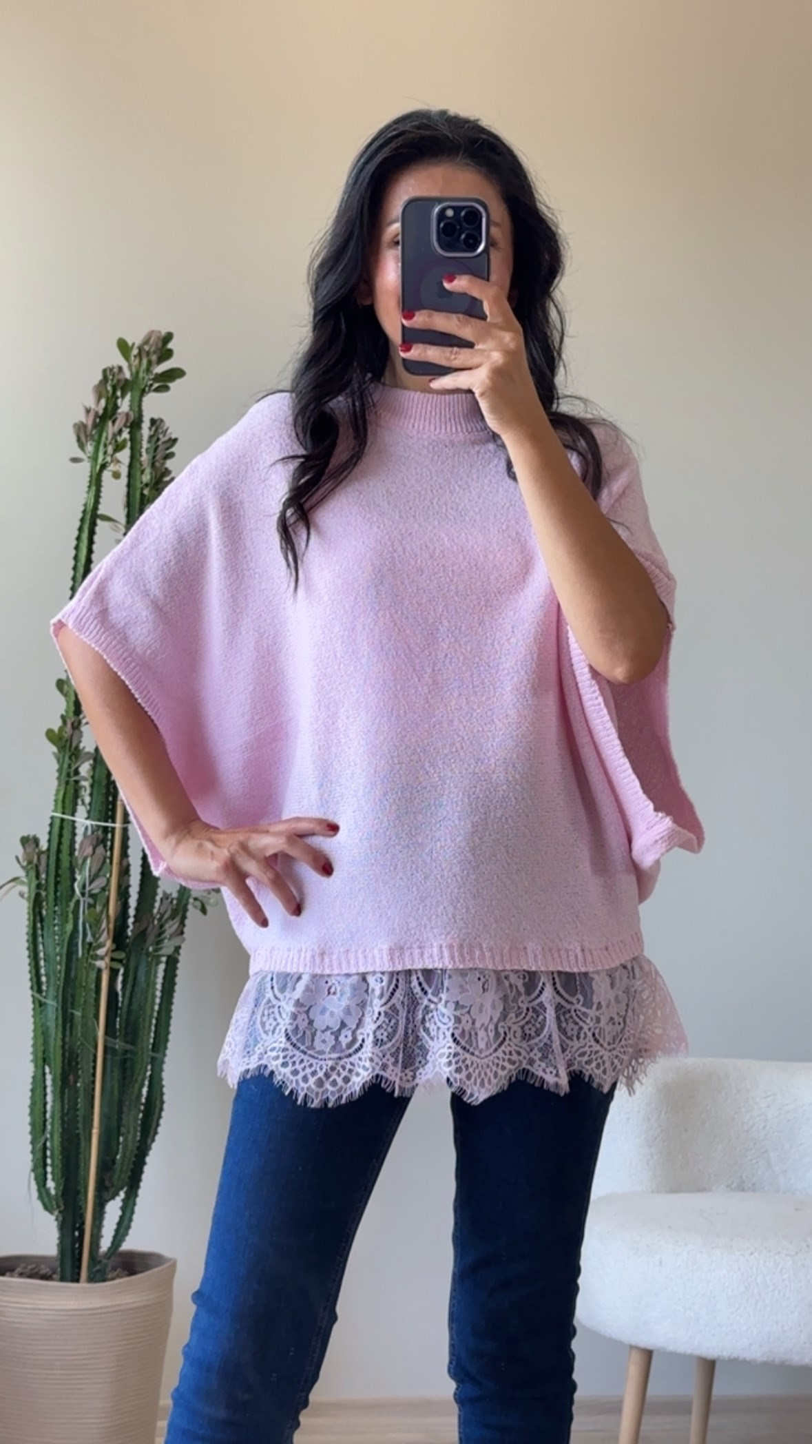 Pembe Yarasa Kol Dantel Etekli Merserize