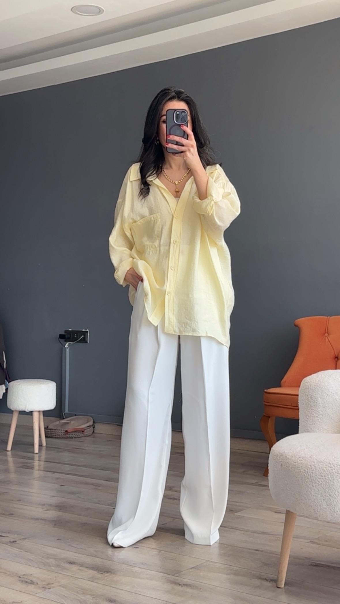 Açık Sarı Düşük Omuz Oversize Gömlek