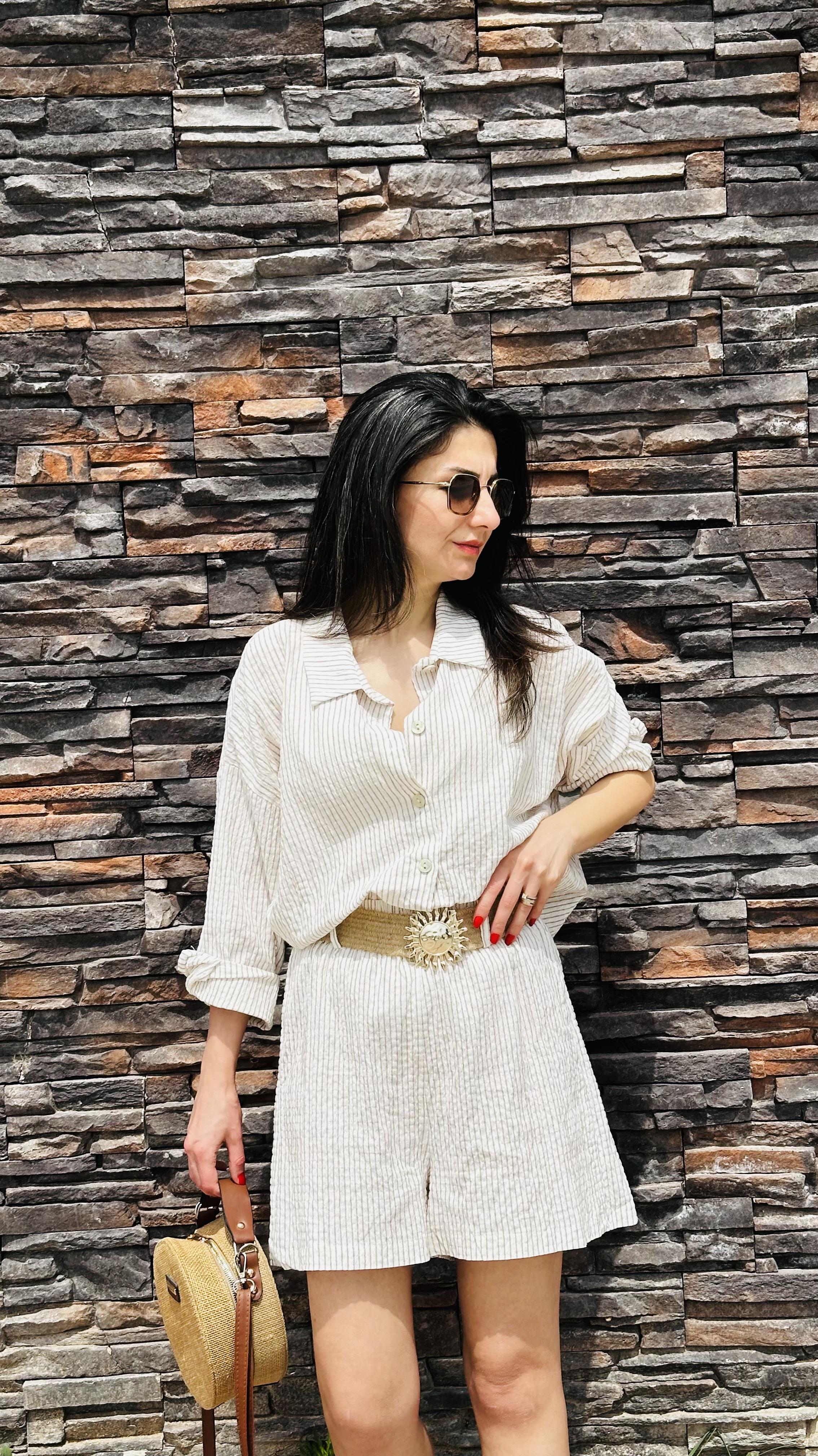 Kahve Çizgili Şortlu Takım