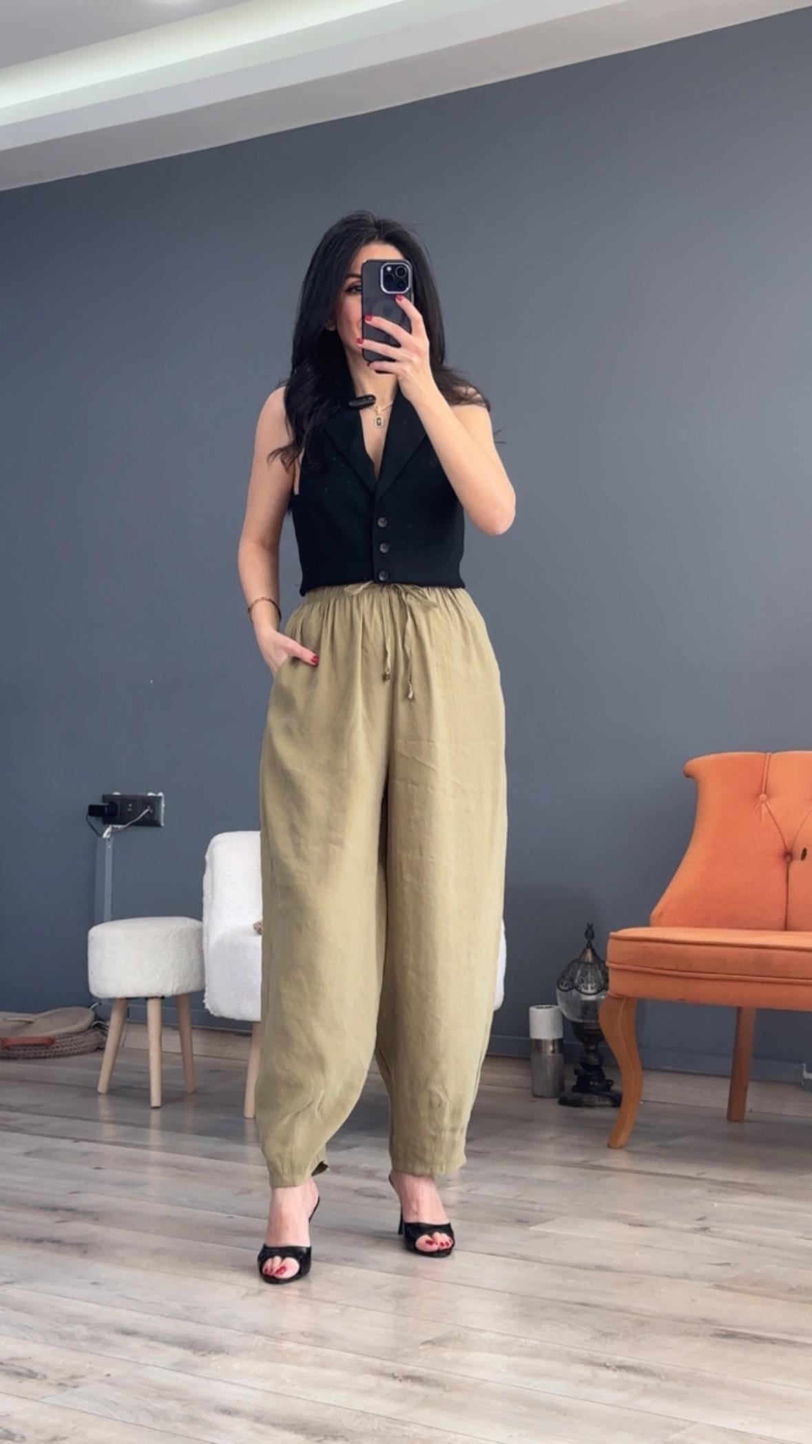 Haki Beli Lastikli Modal Şalvar Görünümlü Pantolon