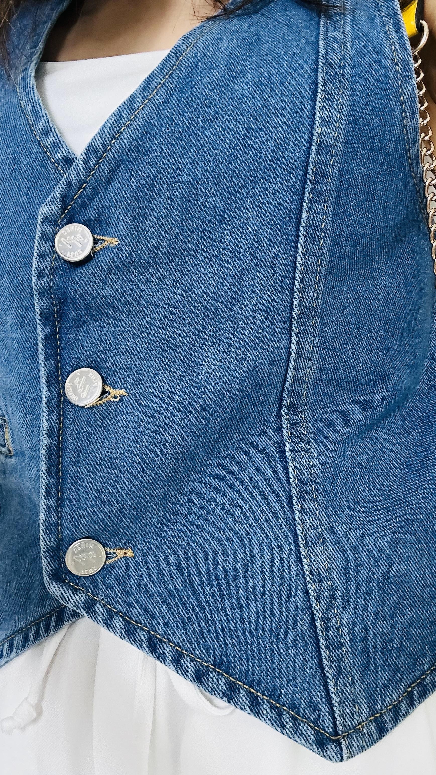 Mavi Cep Detaylı Denim Yelek