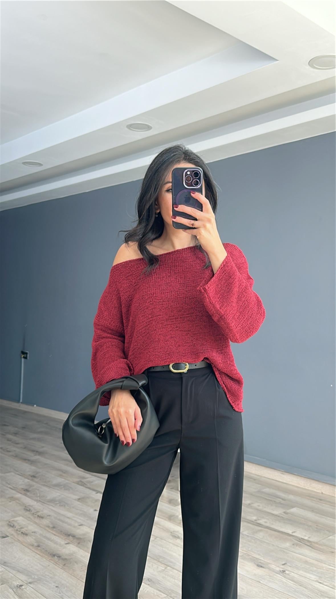 Bordo Kayık Yaka Merserize Triko