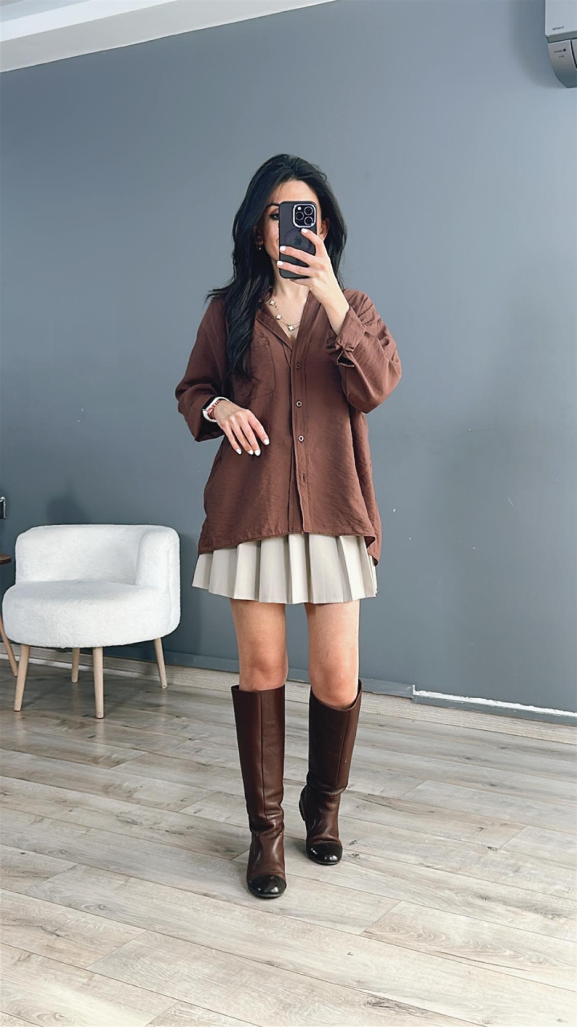 Kahve Cepli Oversize Gömlek