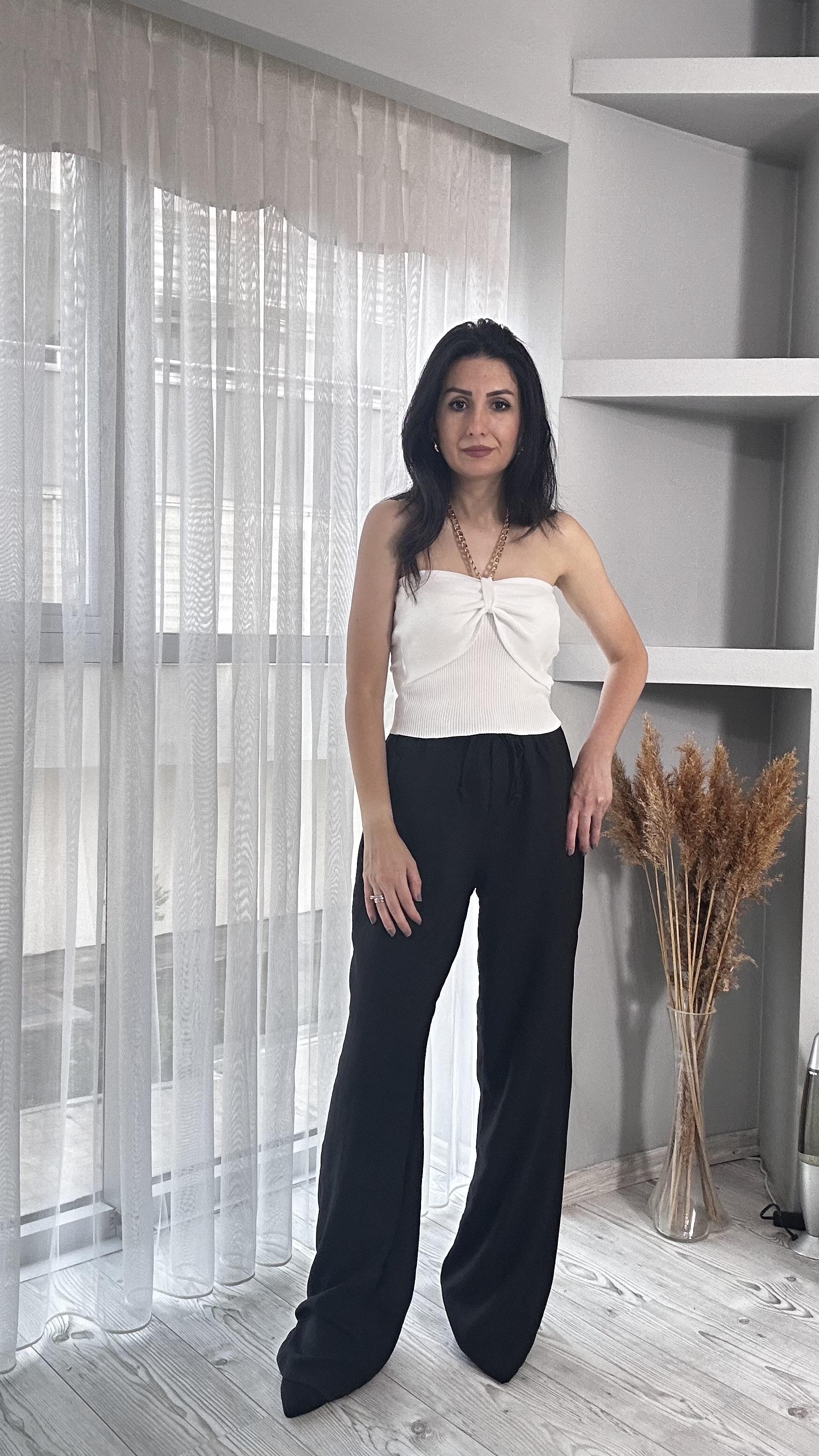 Siyah Beli Lastikli İp Bağlamalı Palazzo Pantolon