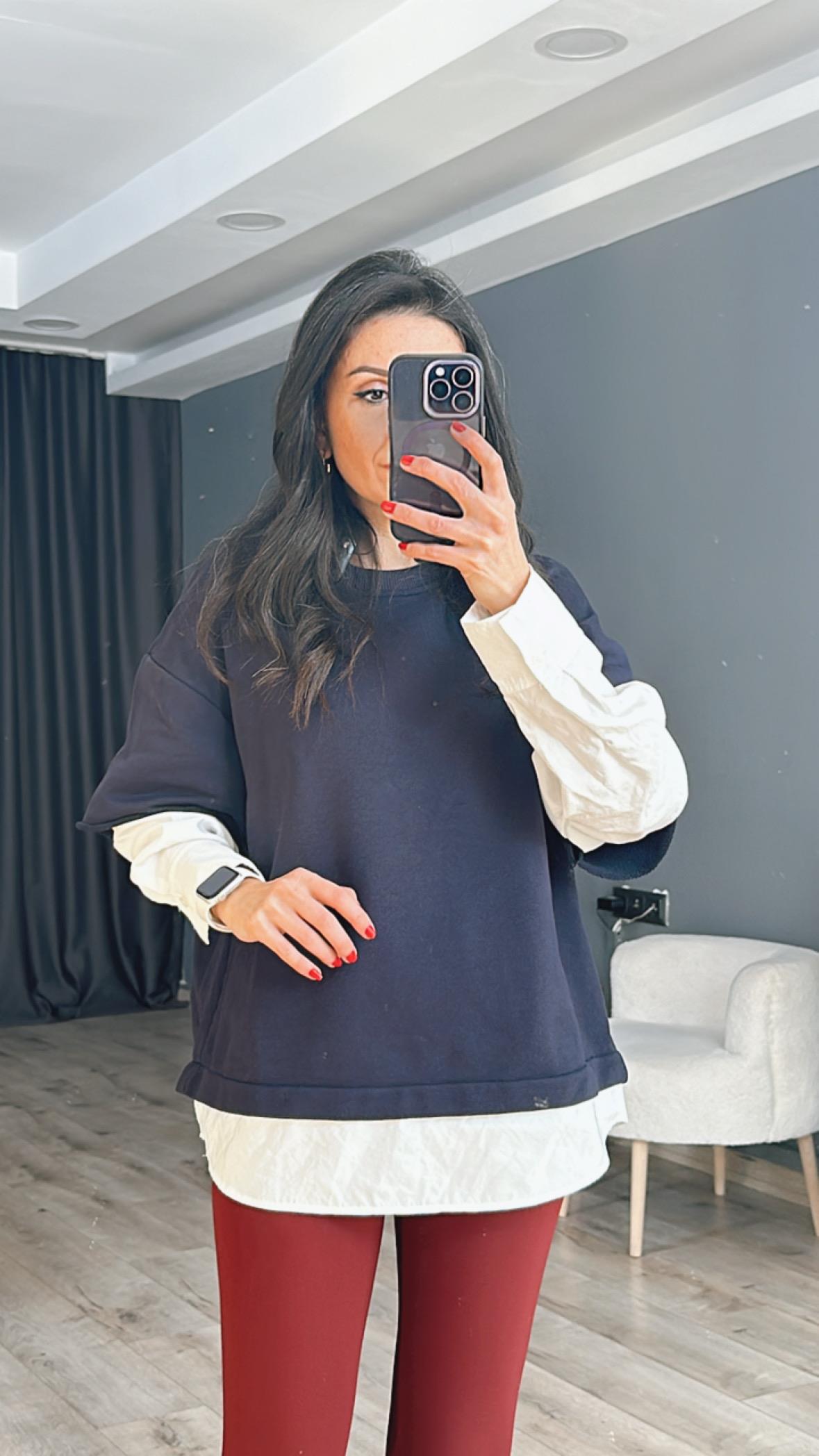 Lacivert Gömlek Detaylı Üç İplik Sweatshirt