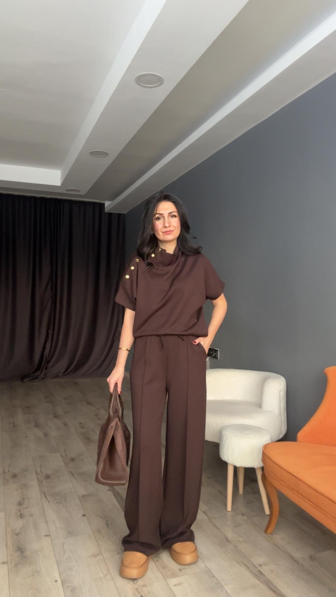 Kahve Omuz Düğmeli Modal Takım