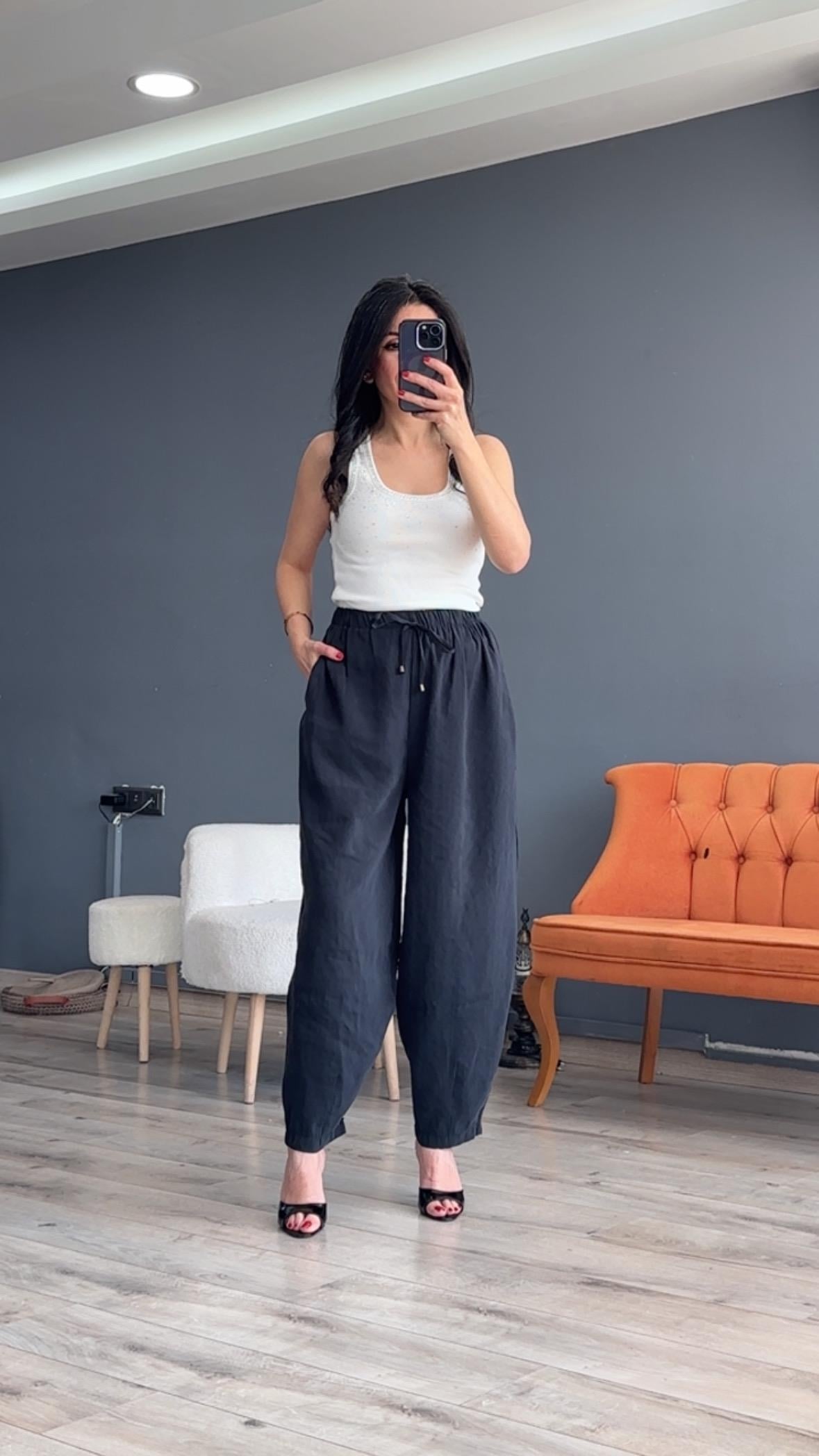 Siyah Beli Lastikli Modal Şalvar Görünümlü Pantolon