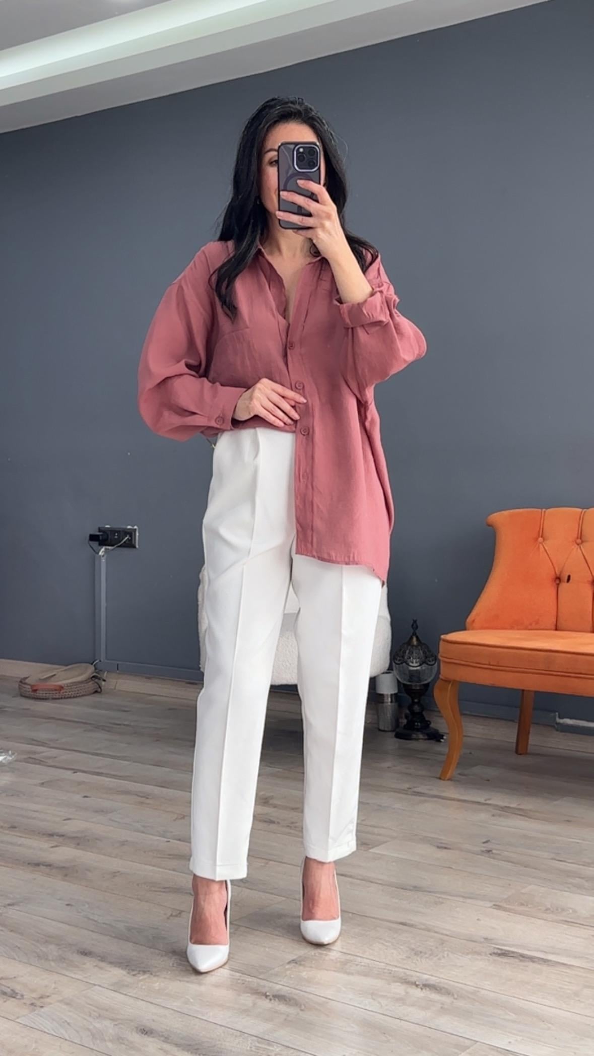 Gül Kurusu Düşük Omuz Oversize Gömlek