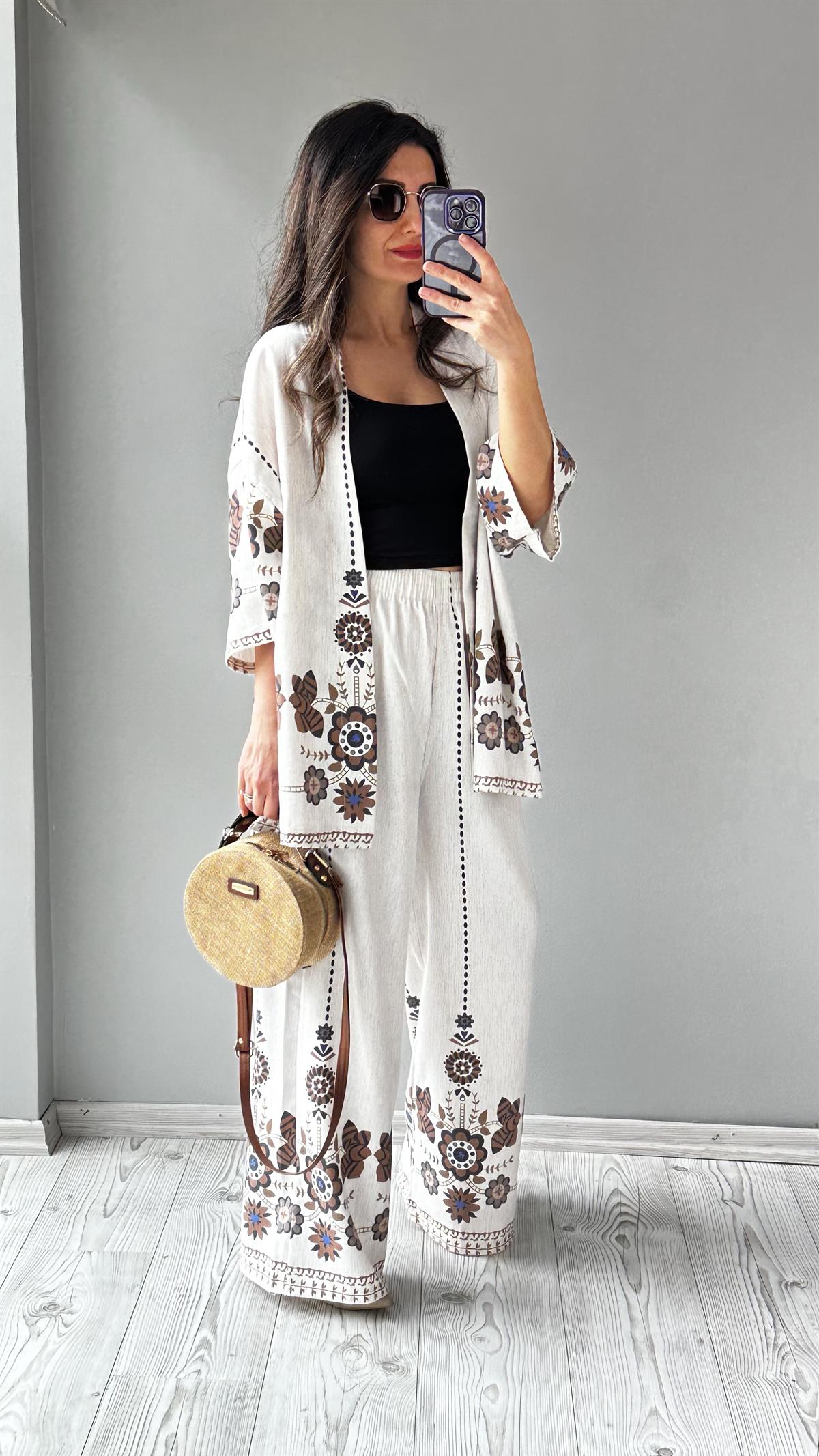 Taş Desenli Kimono Takım