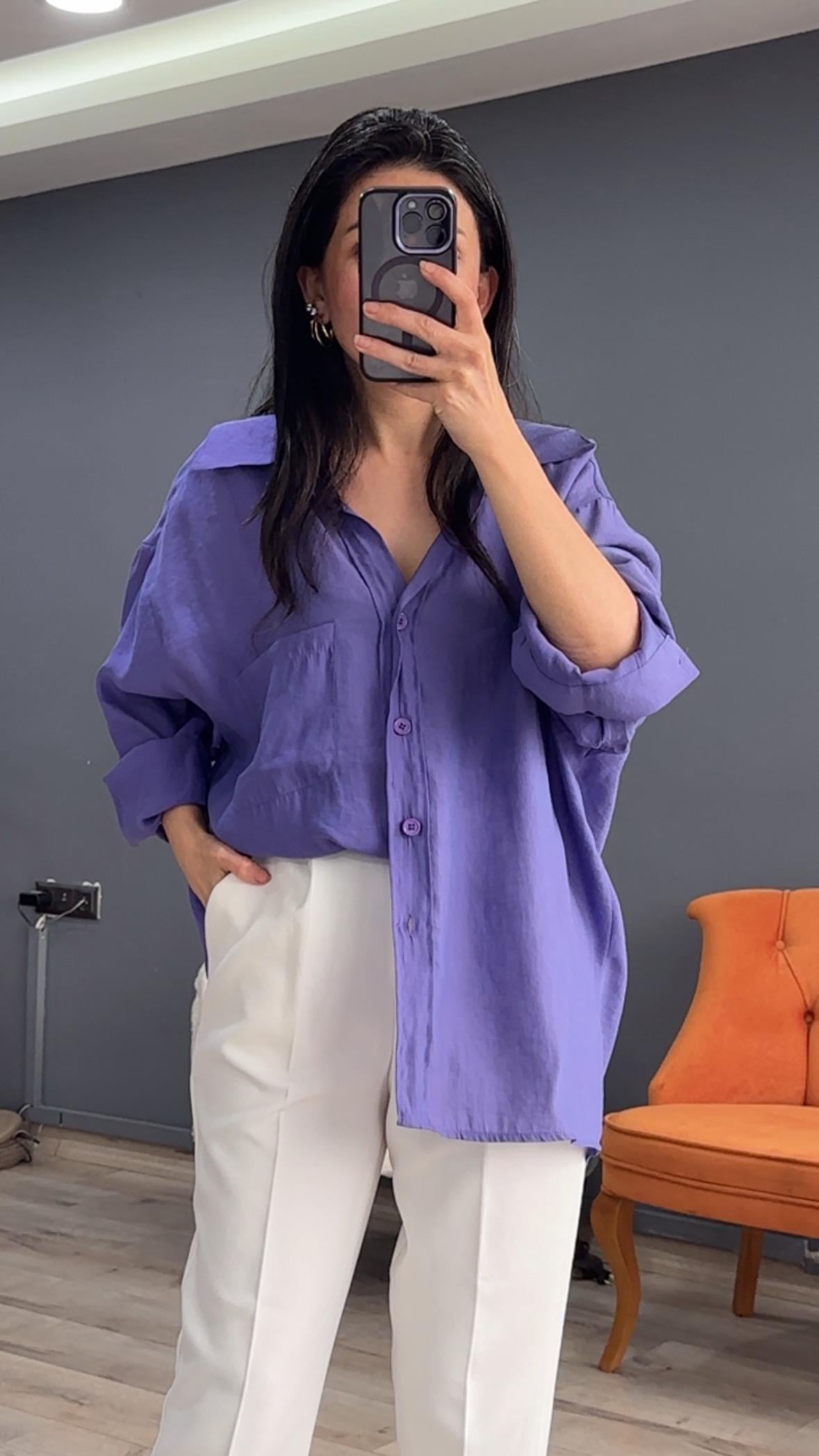 Mor Düşük Omuz Oversize Gömlek