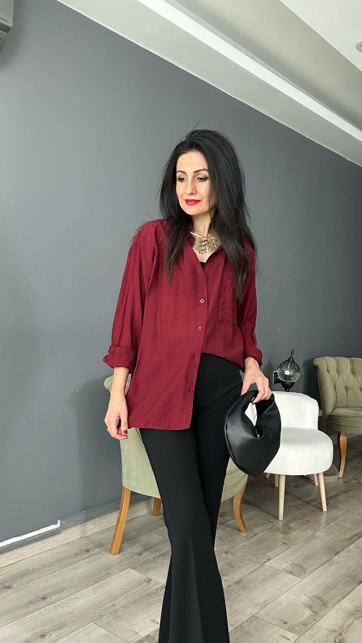 Bordo Cepli Oversize Gömlek