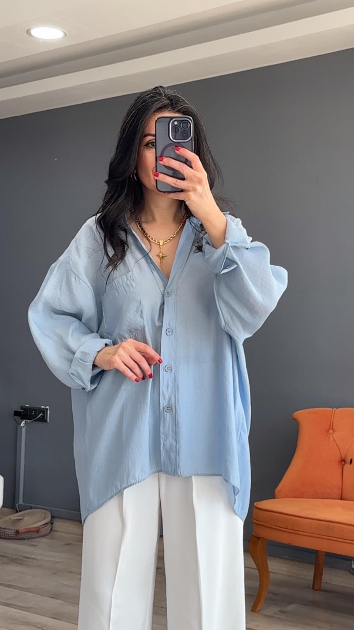 Açık Mavi Düşük Omuz Oversize Gömlek