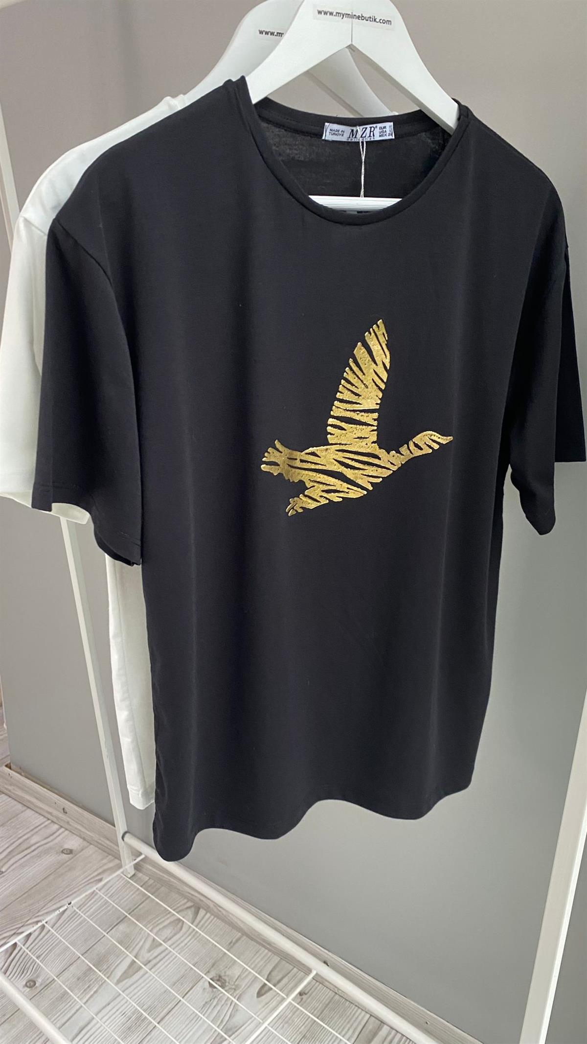 Siyah Gold Kuş Detaylı T-shirt