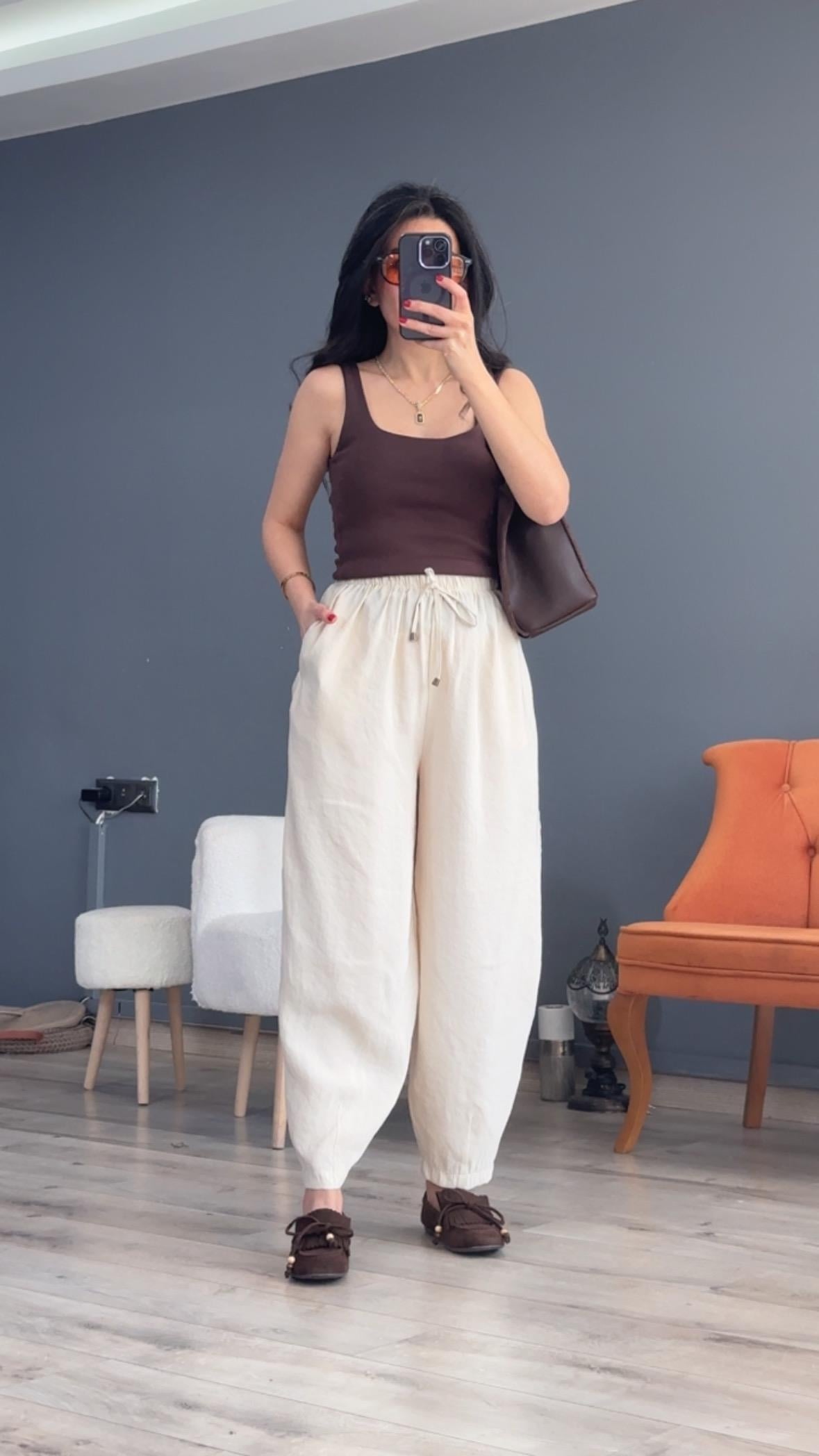 Taş Beli Lastikli Modal Şalvar Görünümlü Pantolon