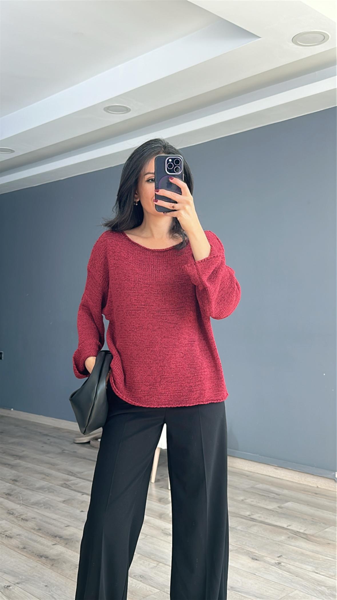 Bordo Kayık Yaka Merserize Triko