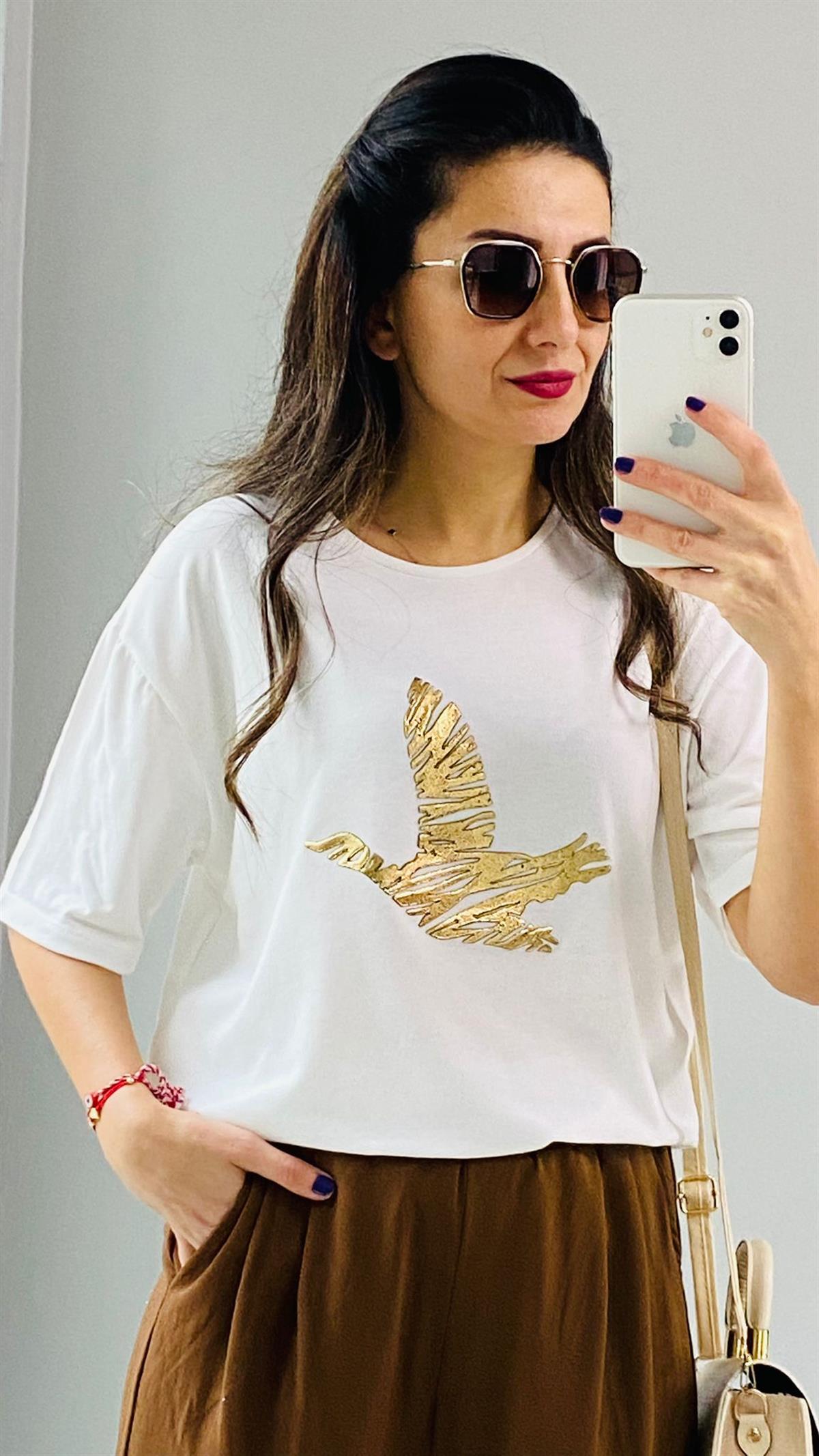 Ekru Gold Kuş Detaylı T-shirt