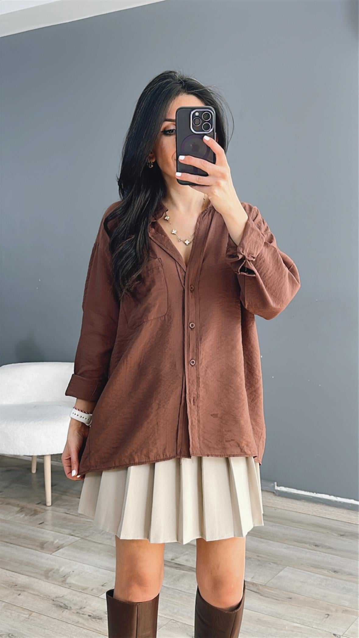 Kahve Cepli Oversize Gömlek