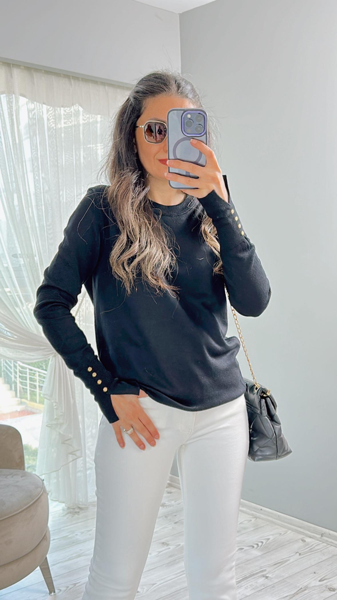Siyah Kol Ortası Droplu Bisiklet Yaka Kazak