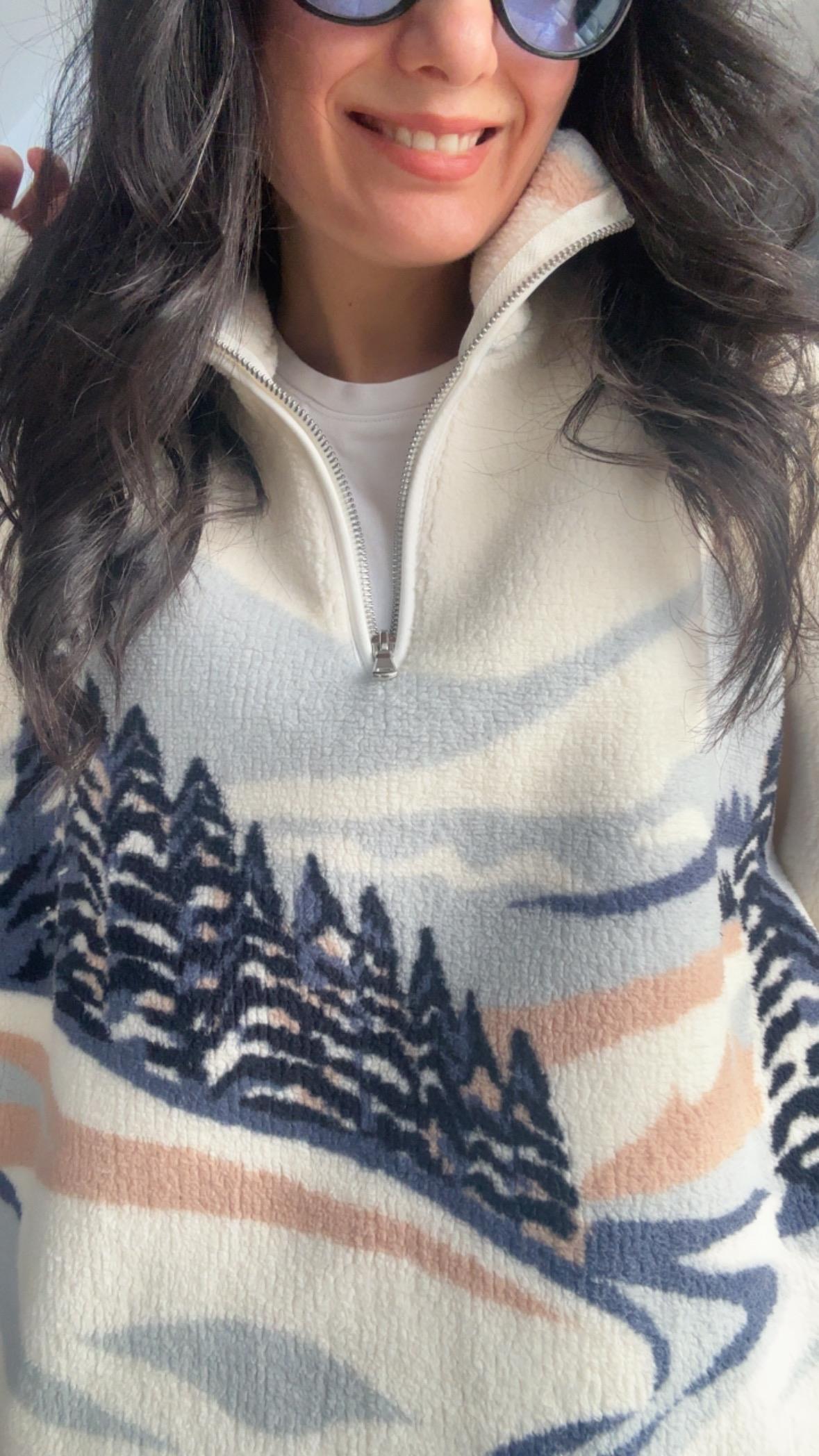 Ekru Mavi Desenli Fermuarlı Sweatshirt