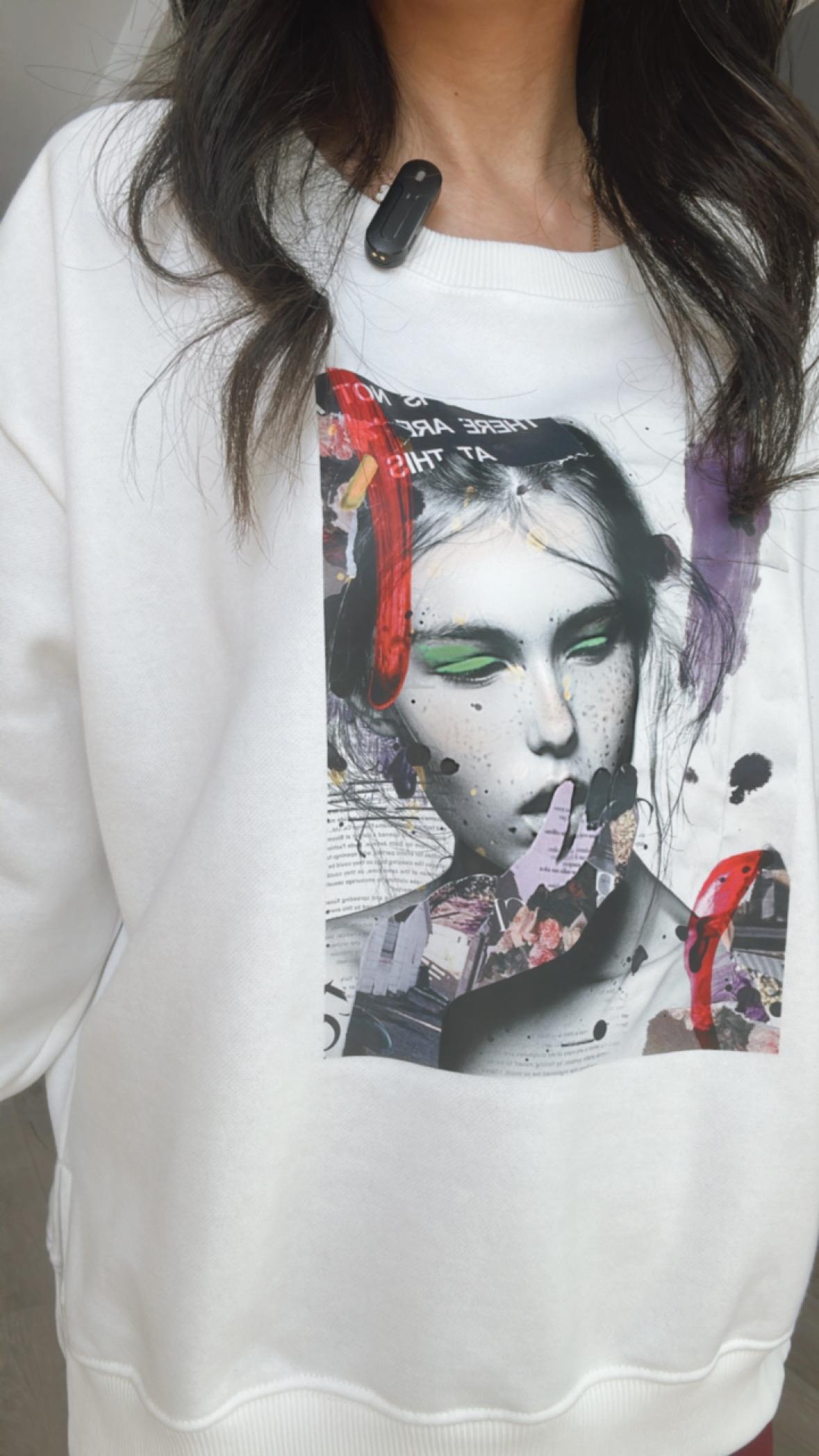 Ekru Önü Baskılı Sweatshirt