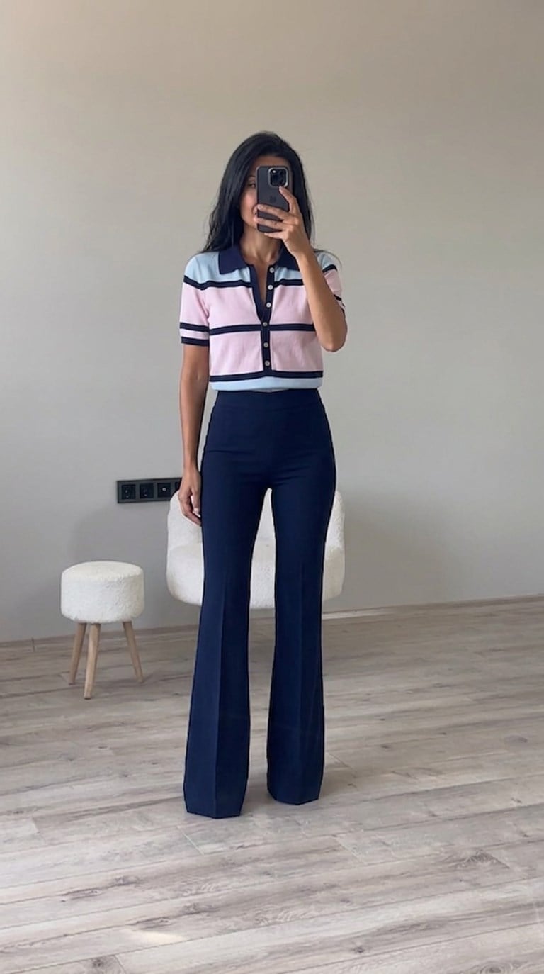 Lacivert Pembe Çizgili Polo Yaka Triko Bluz