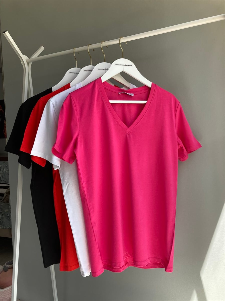 Fuşya V Yaka Basic T-Shirt