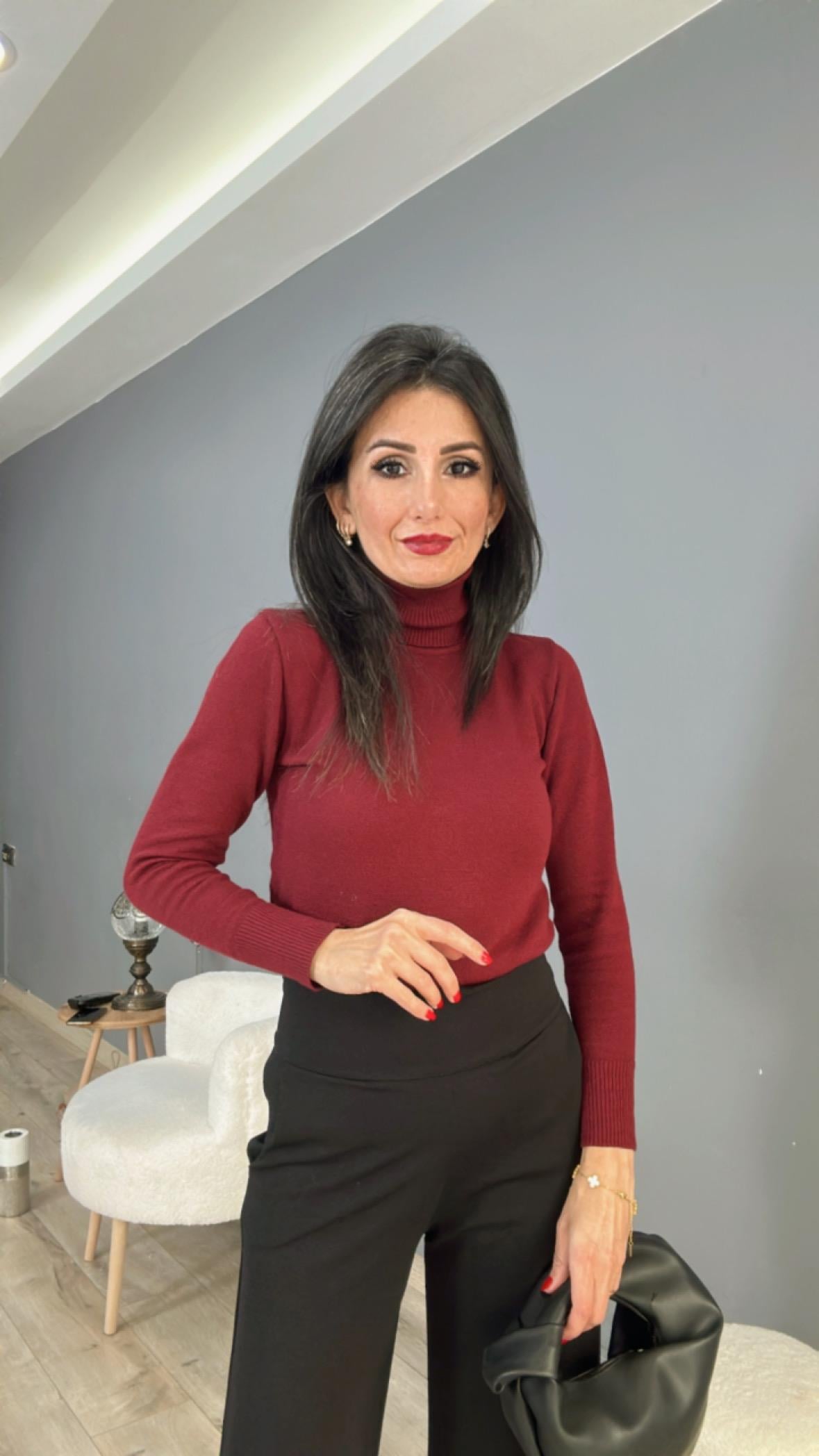 Bordo Balıkçı Yaka Fitilli Triko