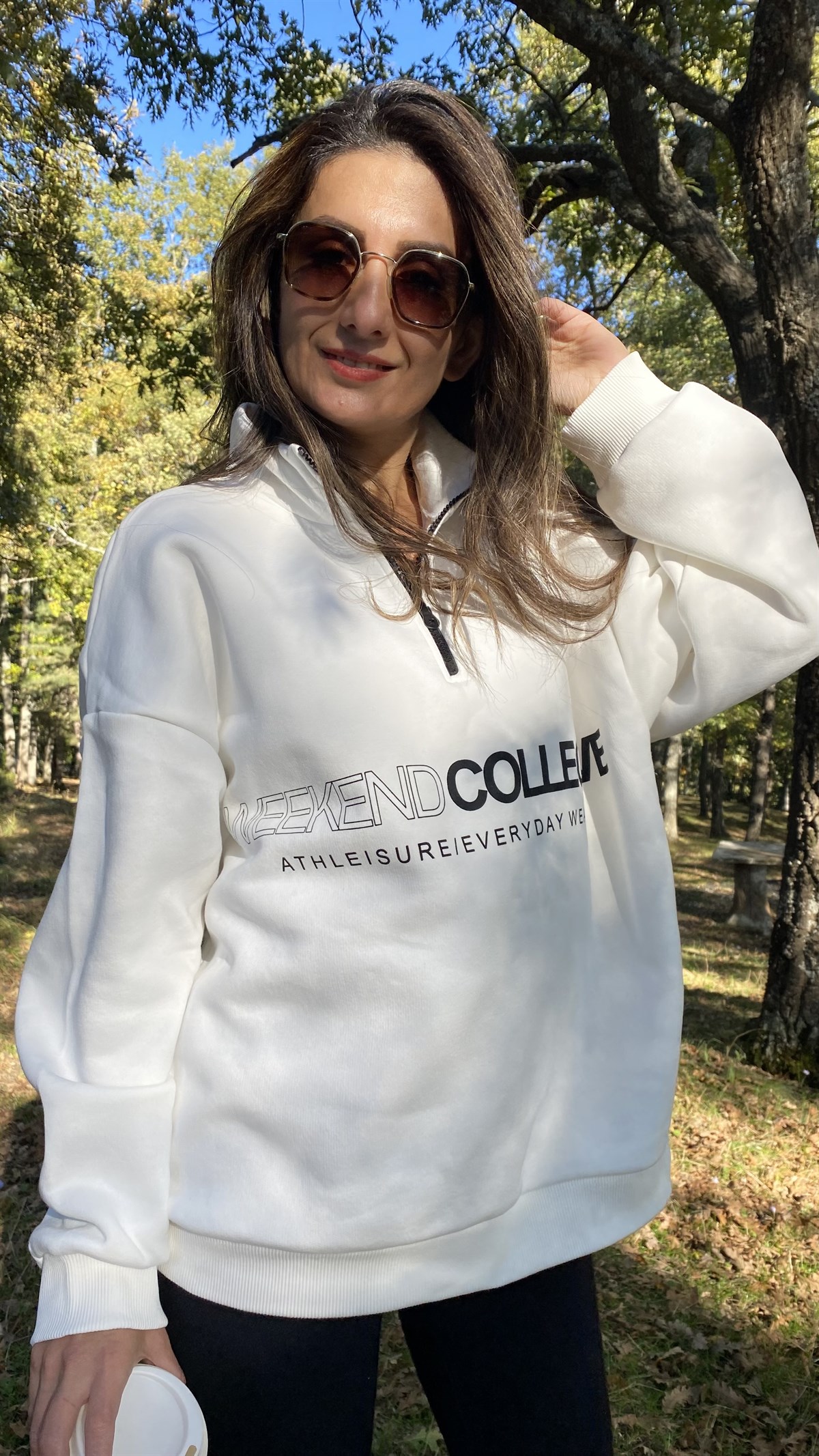Ekru Dik Yaka Fermuarlı Wekend Baskılı Sweatshirt