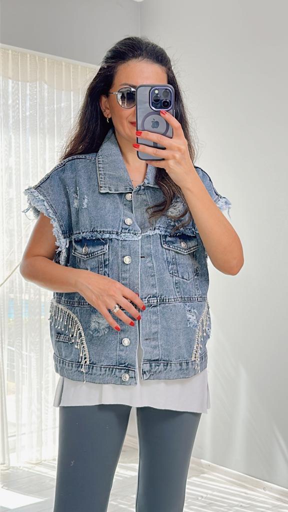 Denim Taşlı Yelek