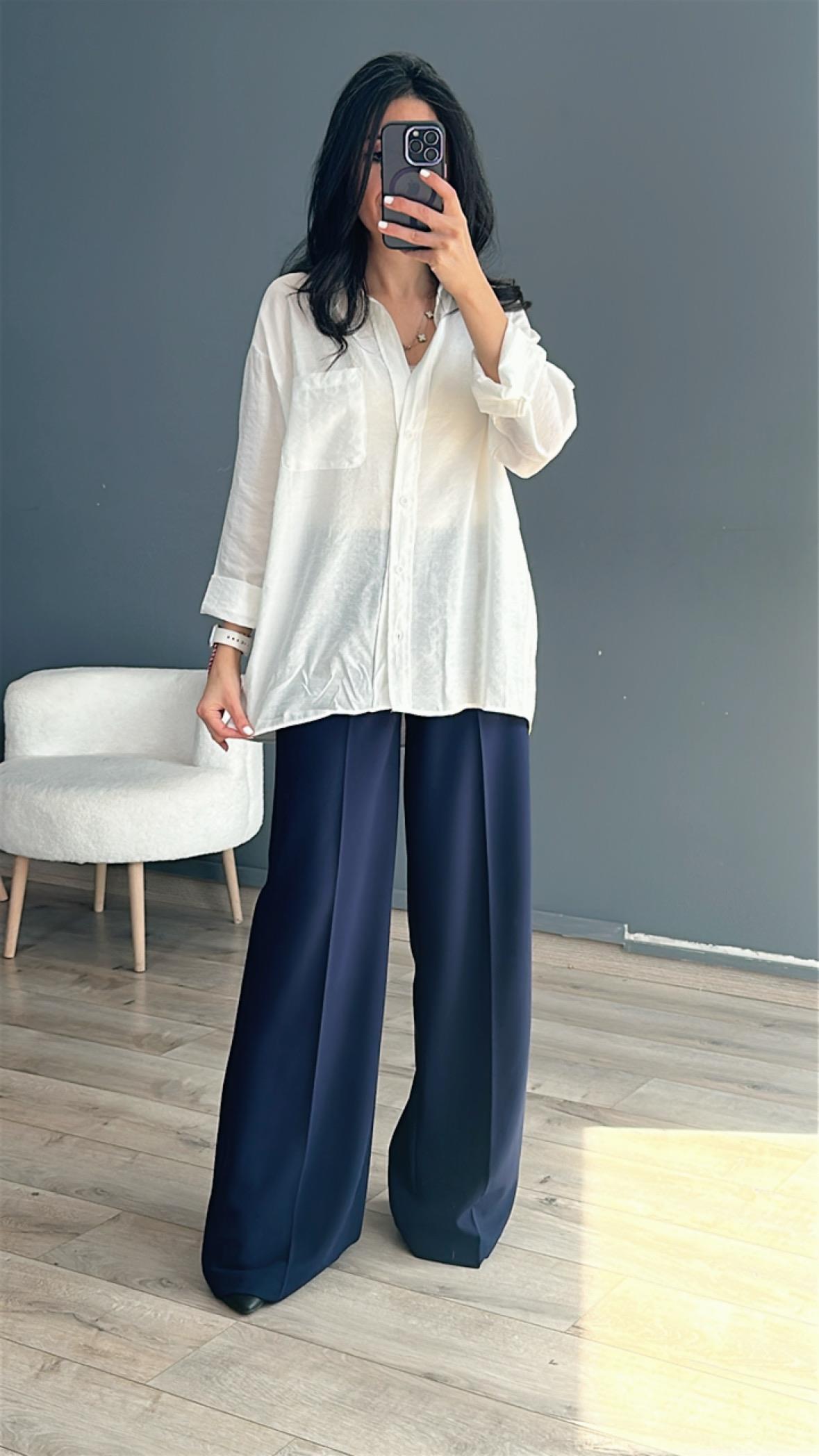 Beyaz Cepli Oversize Gömlek