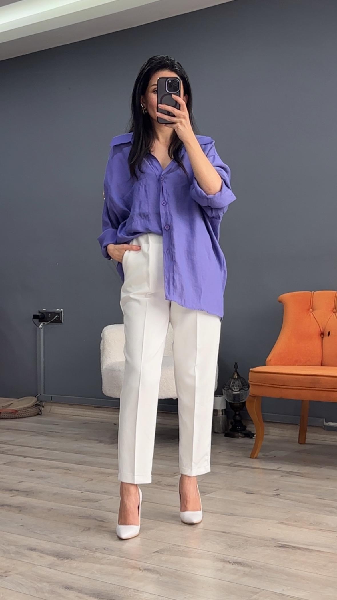 Mor Düşük Omuz Oversize Gömlek
