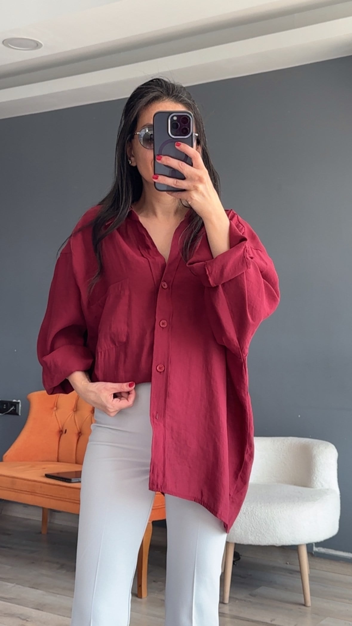 Bordo Düşük Omuz Oversize Gömlek