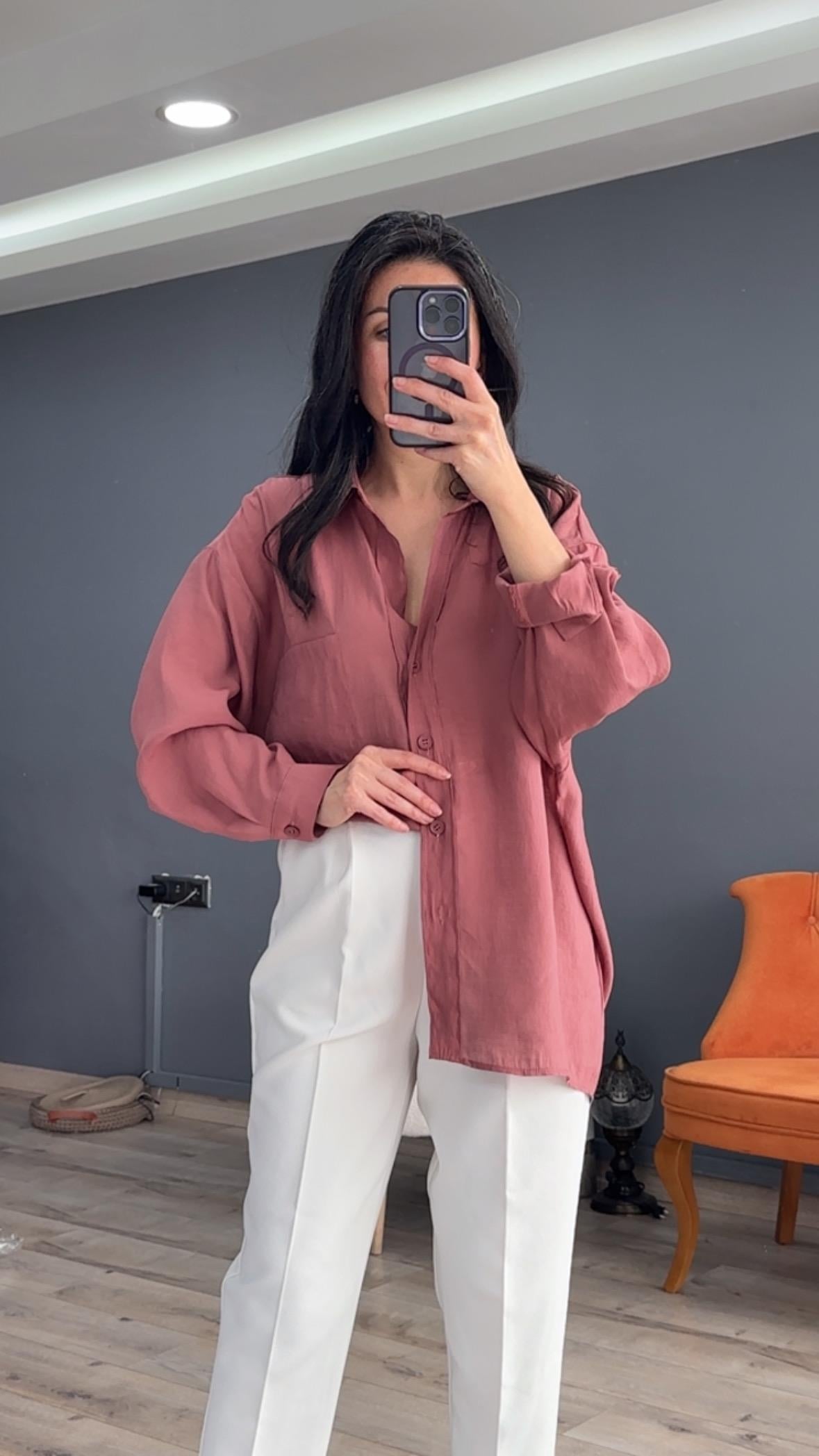 Gül Kurusu Düşük Omuz Oversize Gömlek