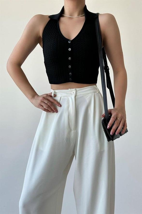 Siyah Polo Yaka Düğmeli Saç Örgü Crop