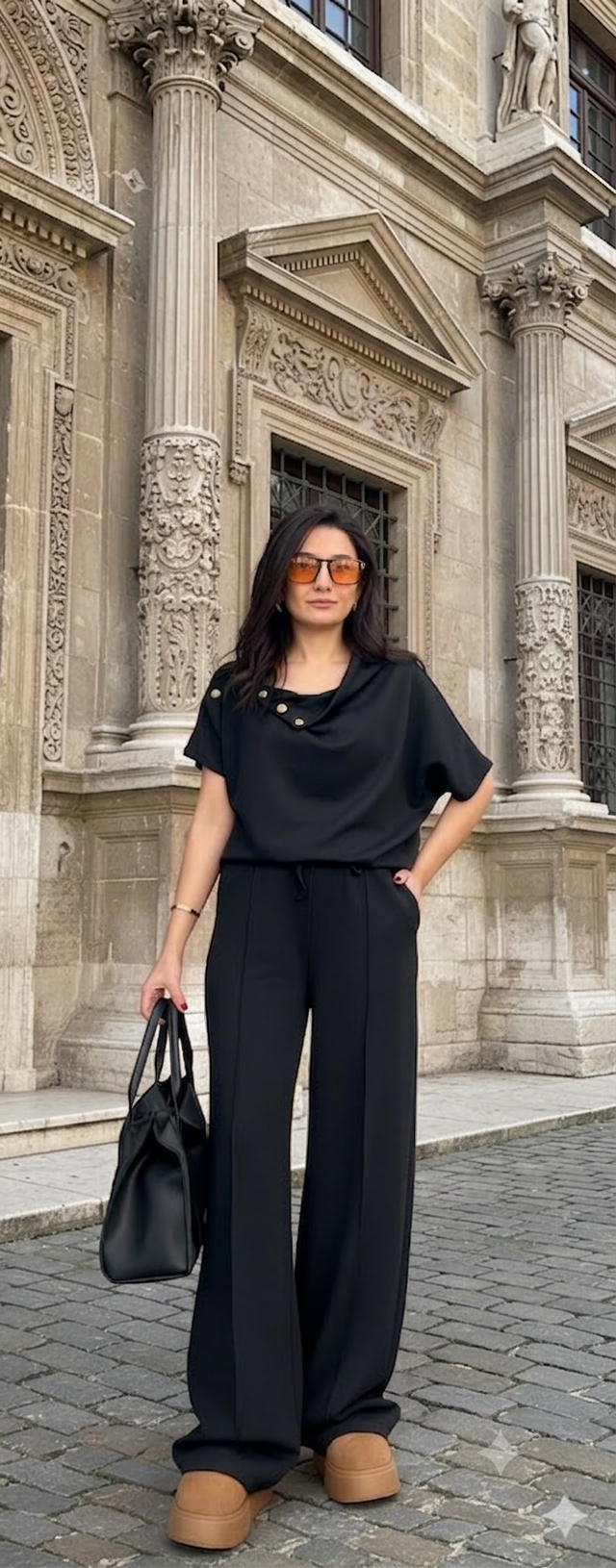 Siyah Omuz Düğmeli Modal Takım