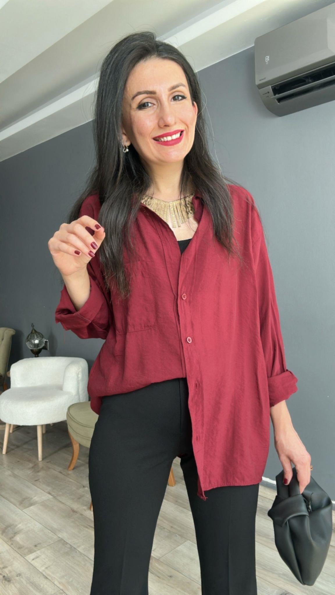 Bordo Cepli Oversize Gömlek