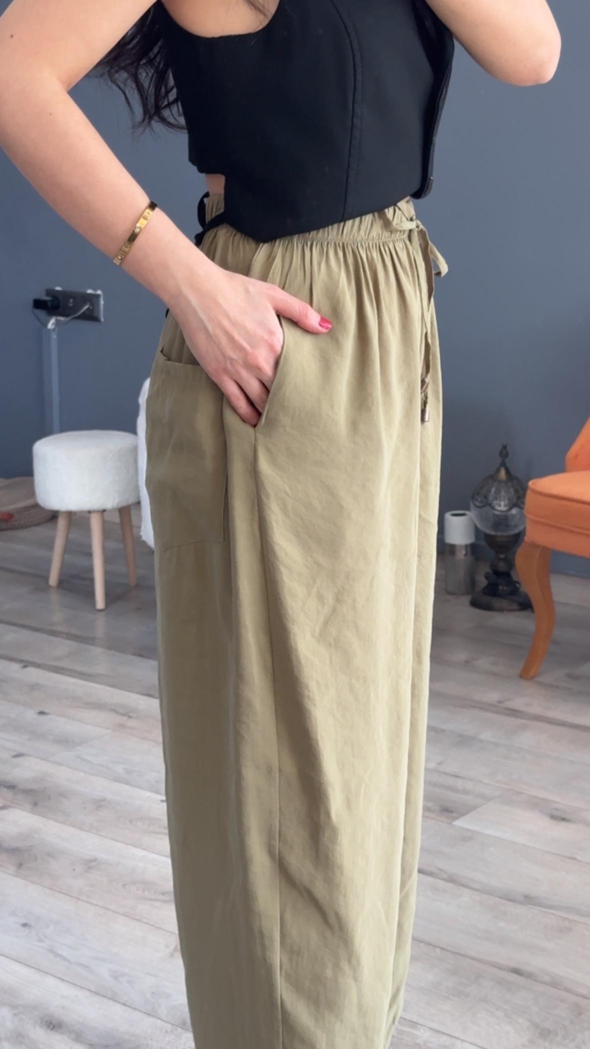 Haki Beli Lastikli Modal Şalvar Görünümlü Pantolon